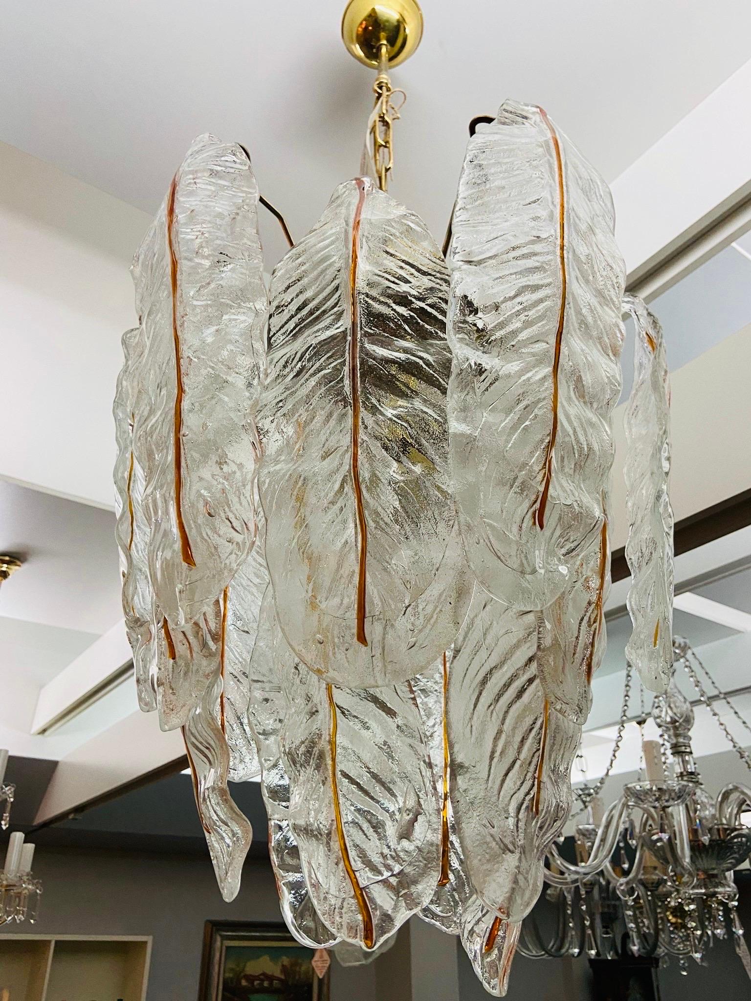 Italian 1970s Mid-Century Modern White and Brown Murano Glass Leaves Chandelier 
