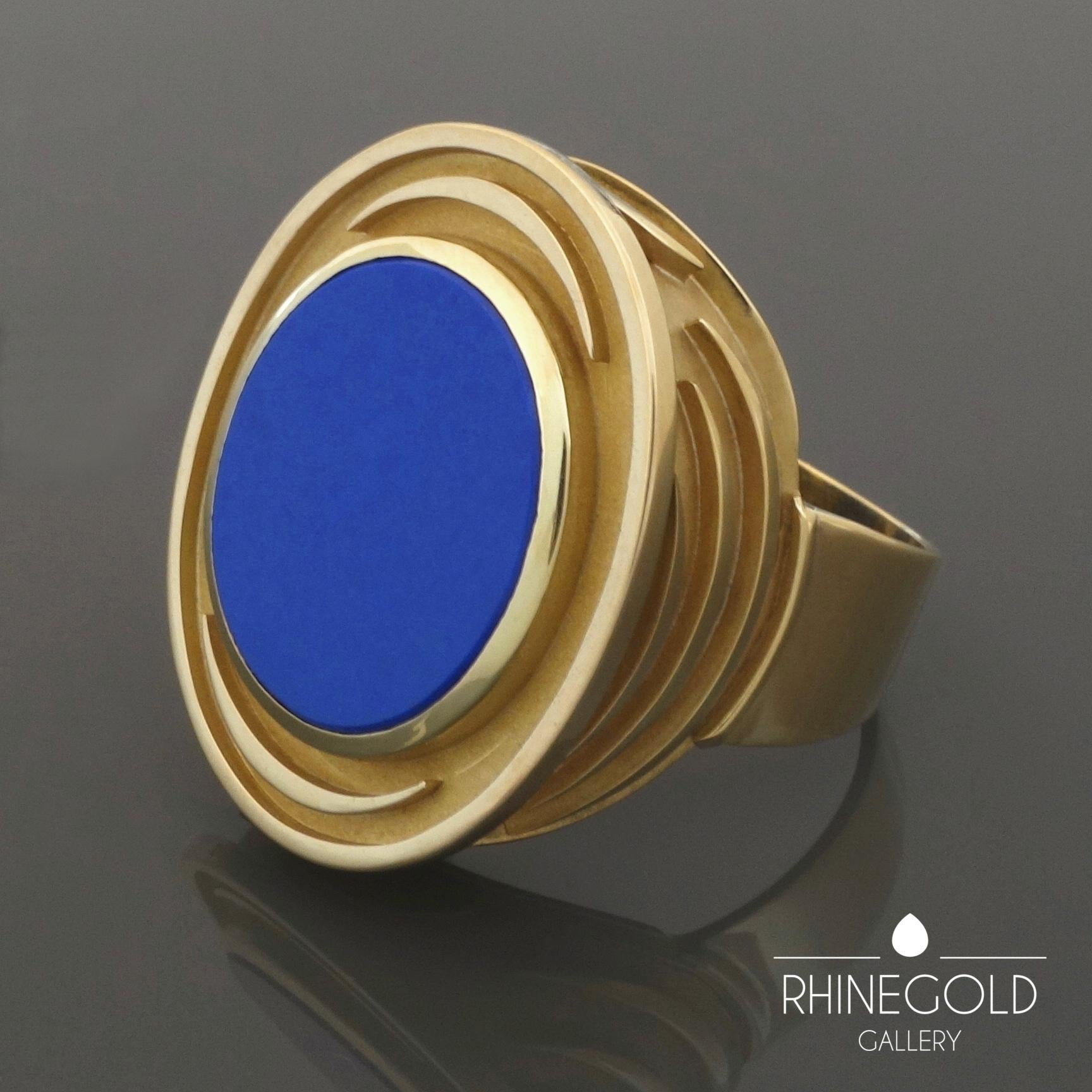 1970s Mid-Century Modernist Lapis Lazuli Gold Gents Men’s Signet Ring For Sale 1