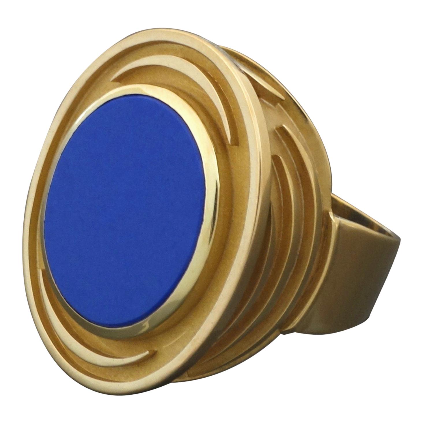 1970s Mid-Century Modernist Lapis Lazuli Gold Gents Men’s Signet Ring For Sale