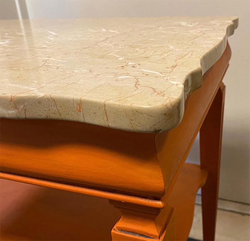 1970s Midcentury Orange Painted End Table with Marble Top In Good Condition For Sale In Livingston, NJ