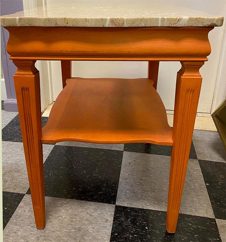 1970s Midcentury Orange Painted End Table with Marble Top For Sale 1