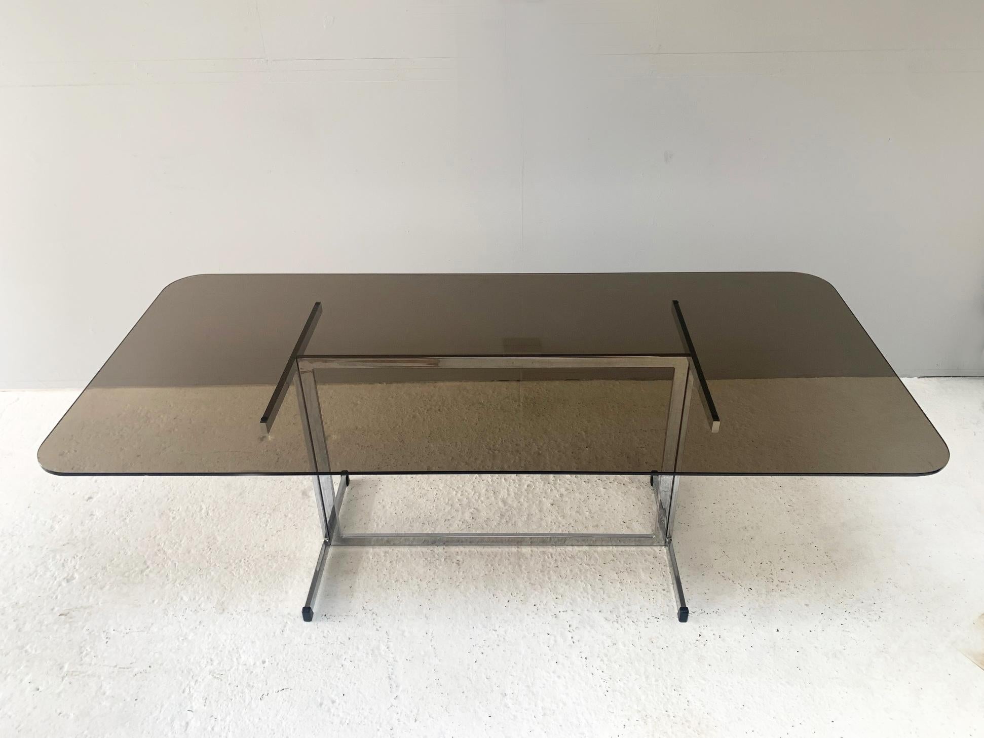 British 1970’s Mid Century Pieff Glass Dining Table / Rare Very Large For Sale