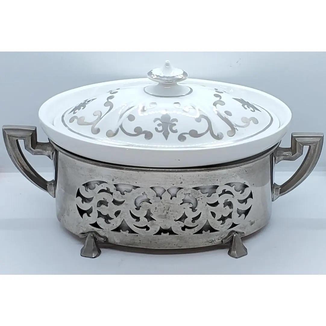 American 1970s Mid Century Porcelain and Silvered Metal Serving Dish For Sale