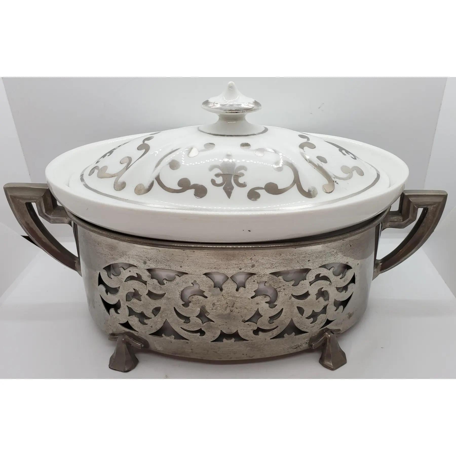 1970s Mid Century Porcelain and Silvered Metal Serving Dish In Good Condition For Sale In Pasadena, CA
