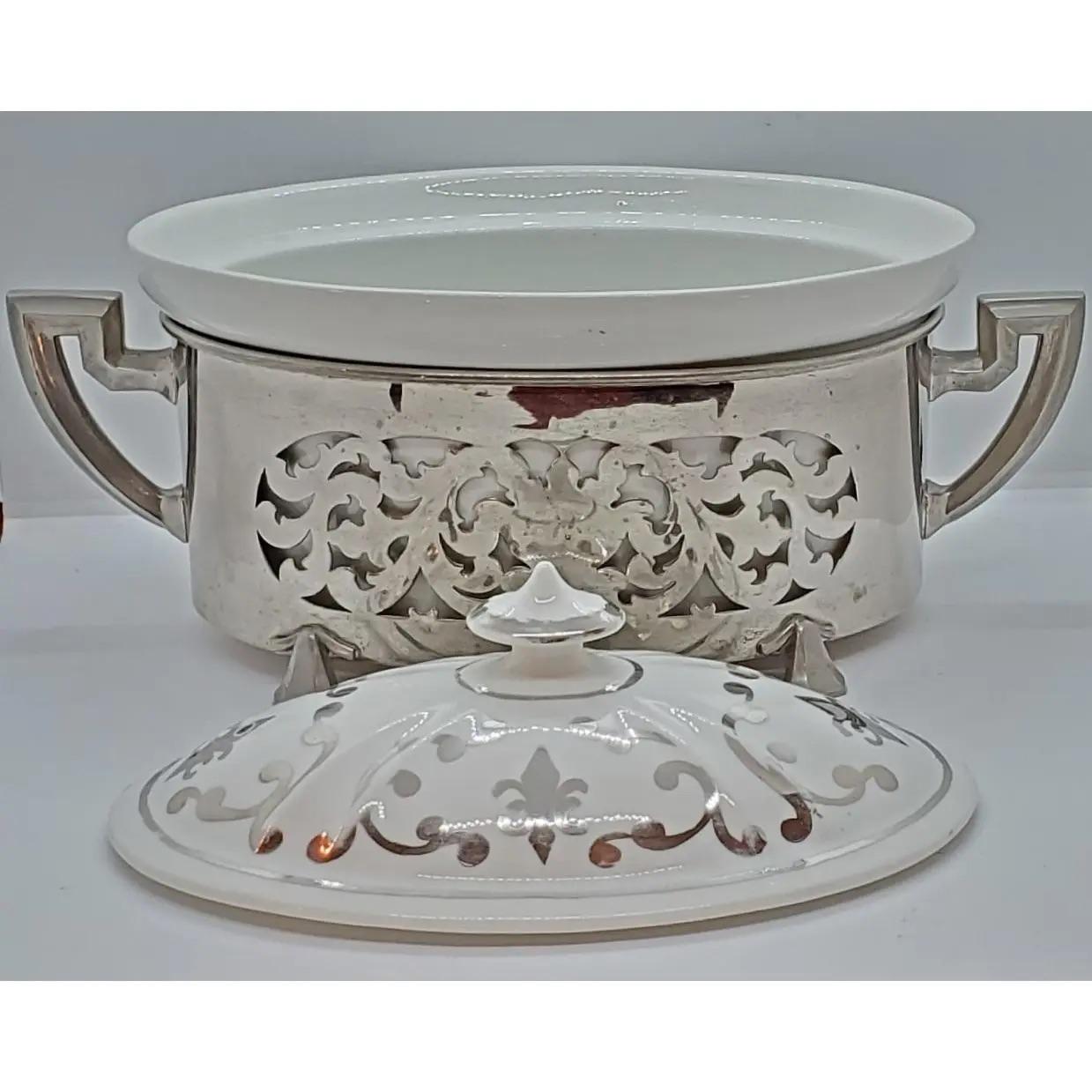 20th Century 1970s Mid Century Porcelain and Silvered Metal Serving Dish For Sale