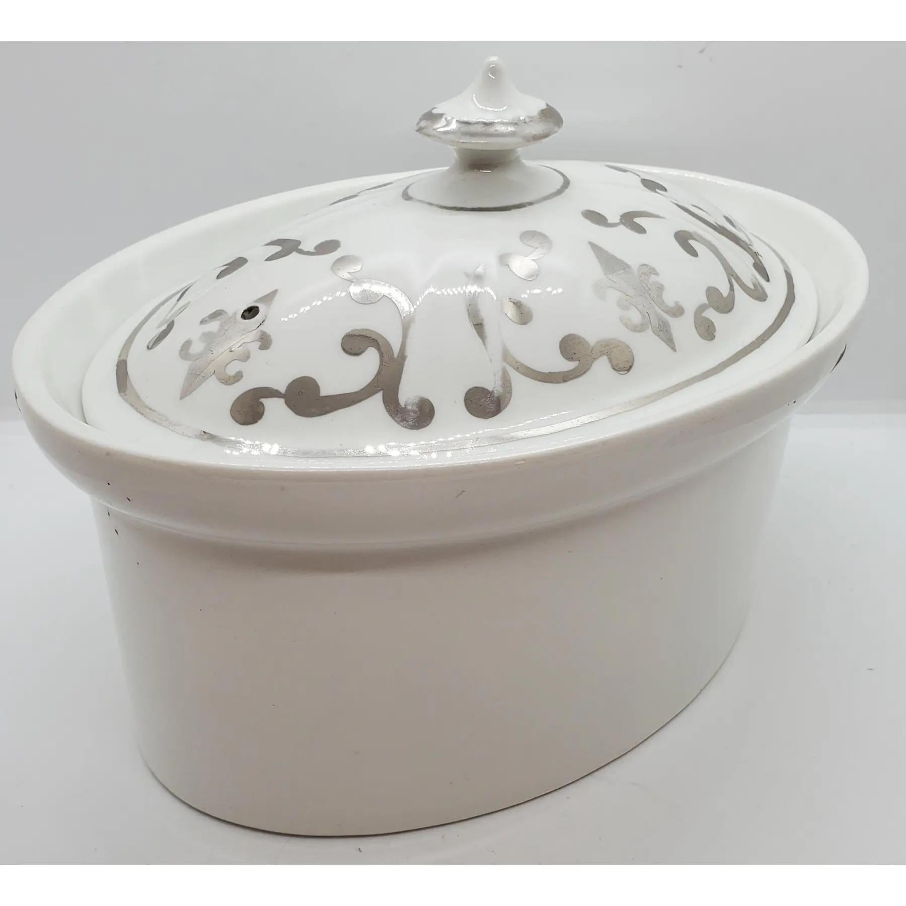 1970s Mid Century Porcelain and Silvered Metal Serving Dish For Sale 1