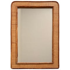 Grand miroir des années 1970, style « mid-century », en rotin et roseau fin, style moderne organique, Espagne