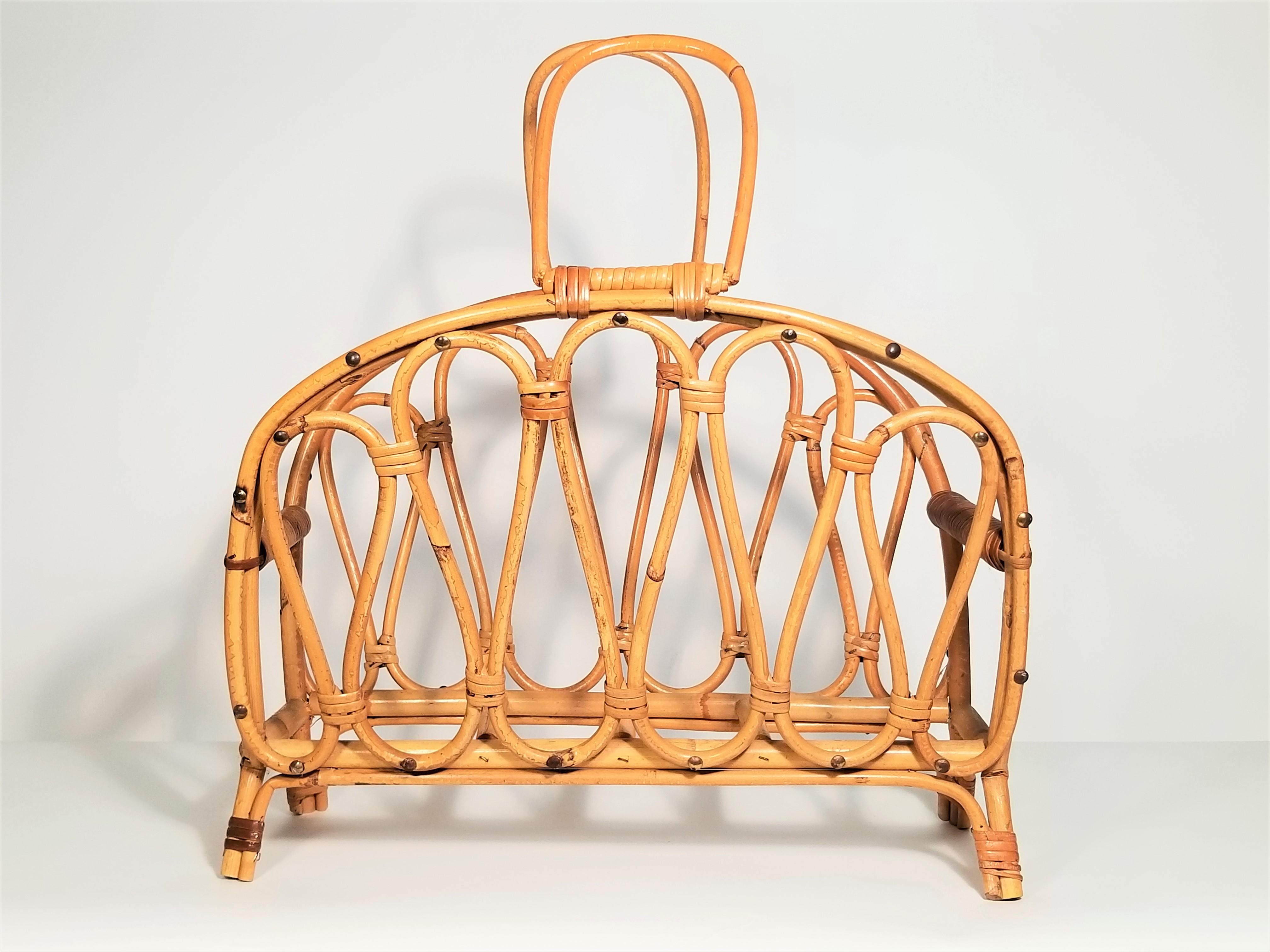 Franco Albini inspired rattan magazine rack, 1970s midcentury.