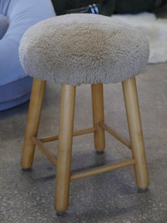 1970s Mid-Century Scandinavian Sheepskin Wooden Stools