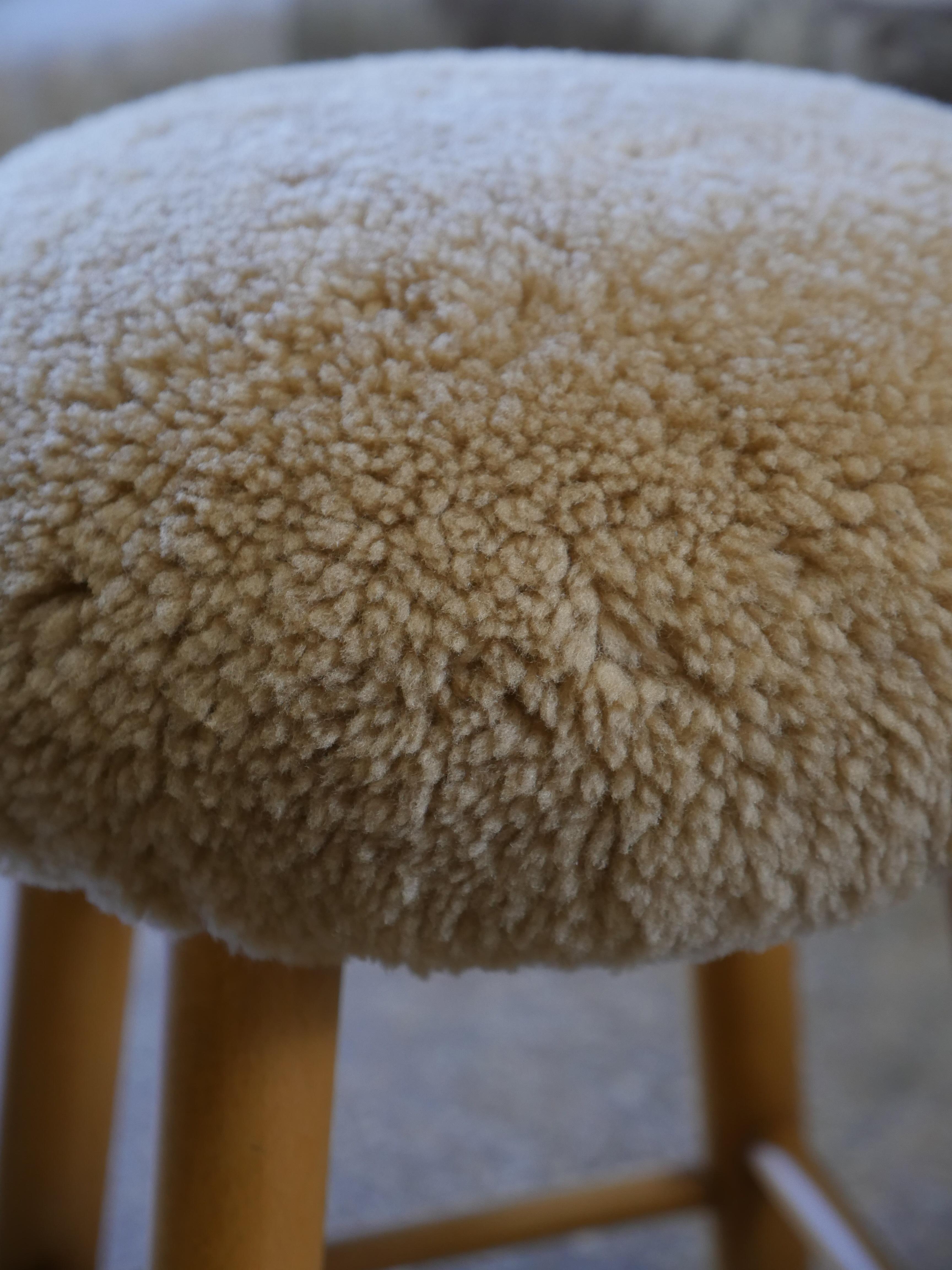 1970s Mid-Century Scandinavian Sheepskin Wooden Stools  In Good Condition For Sale In Miami, FL