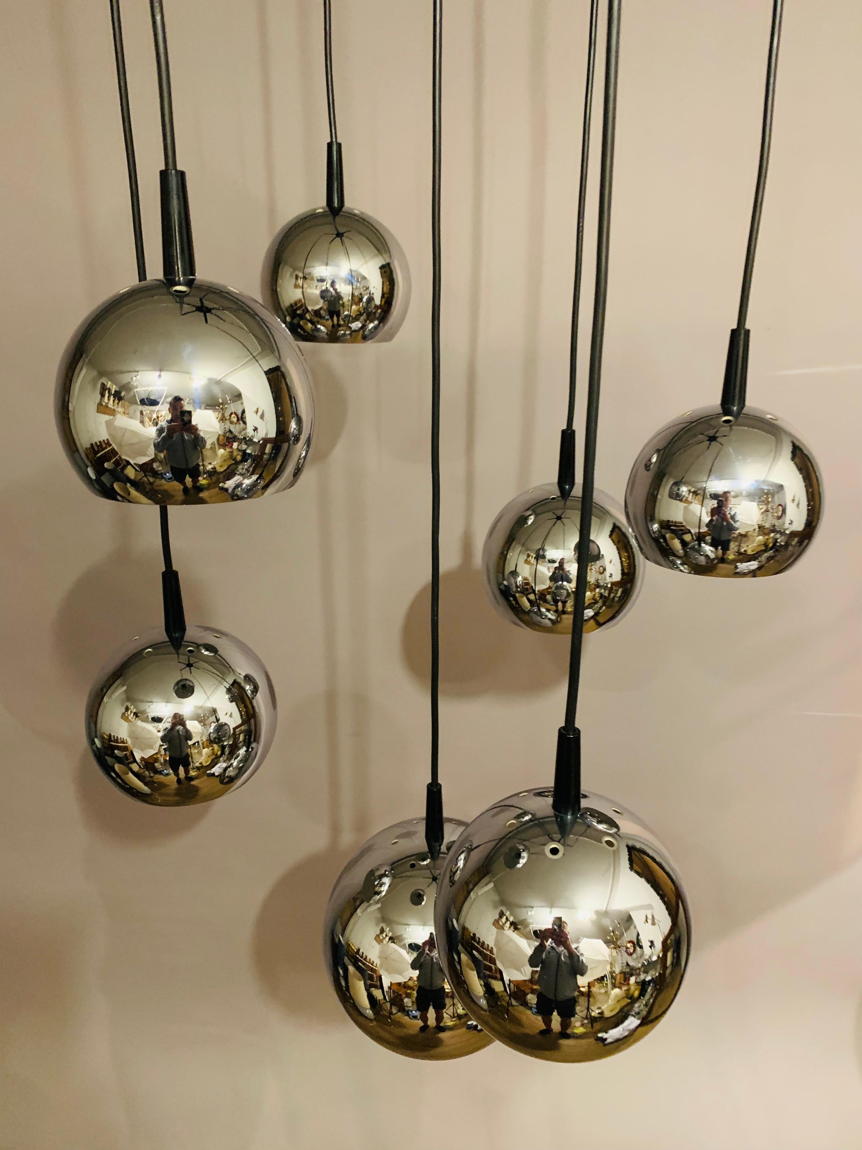 1970s Mid Century Space Age 7 Chrome Ball Cascading Globe Hanging Ceiling Light 5