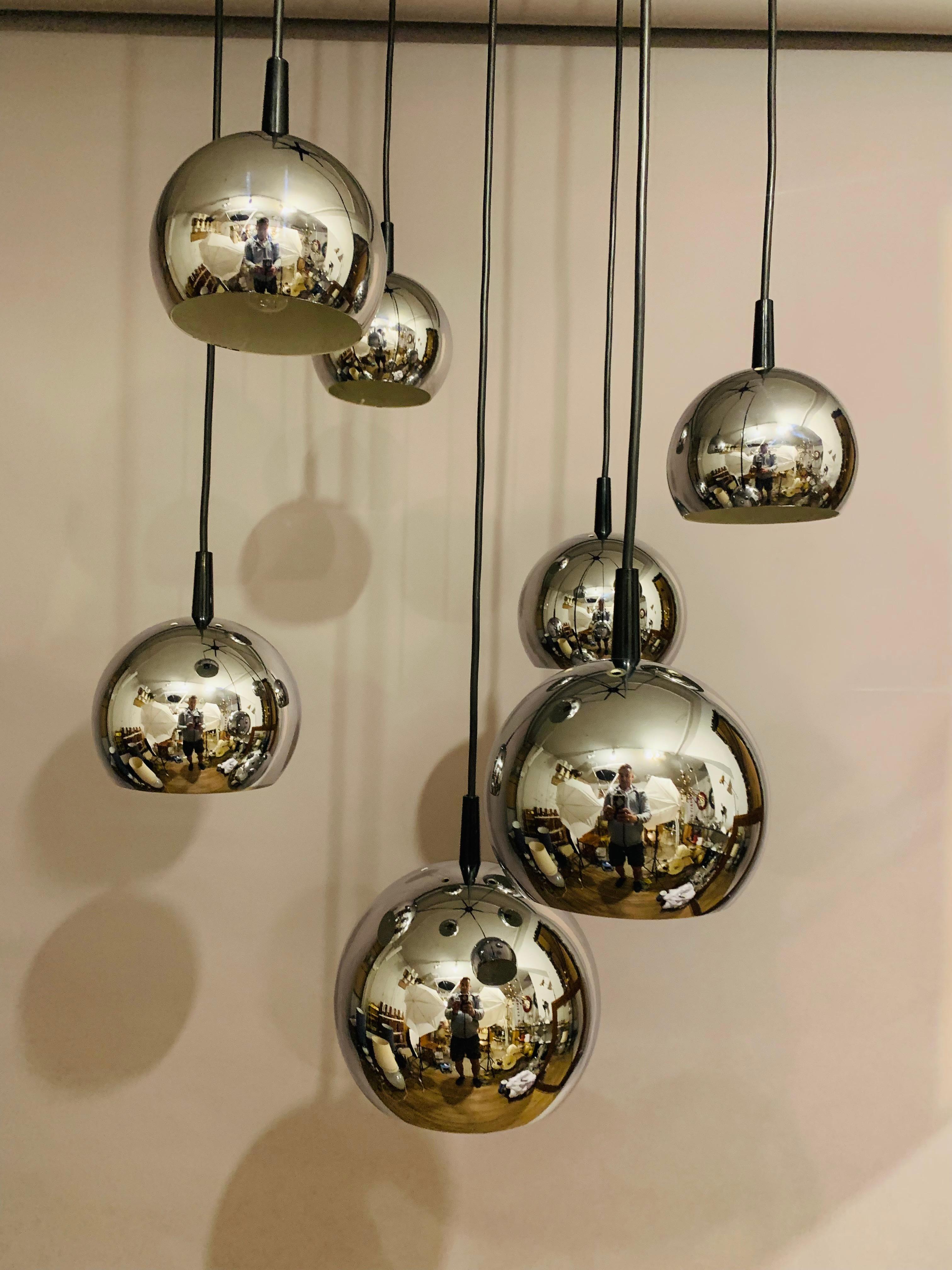 1970s Mid Century Space Age 7 Chrome Ball Cascading Globe Hanging Ceiling Light 7