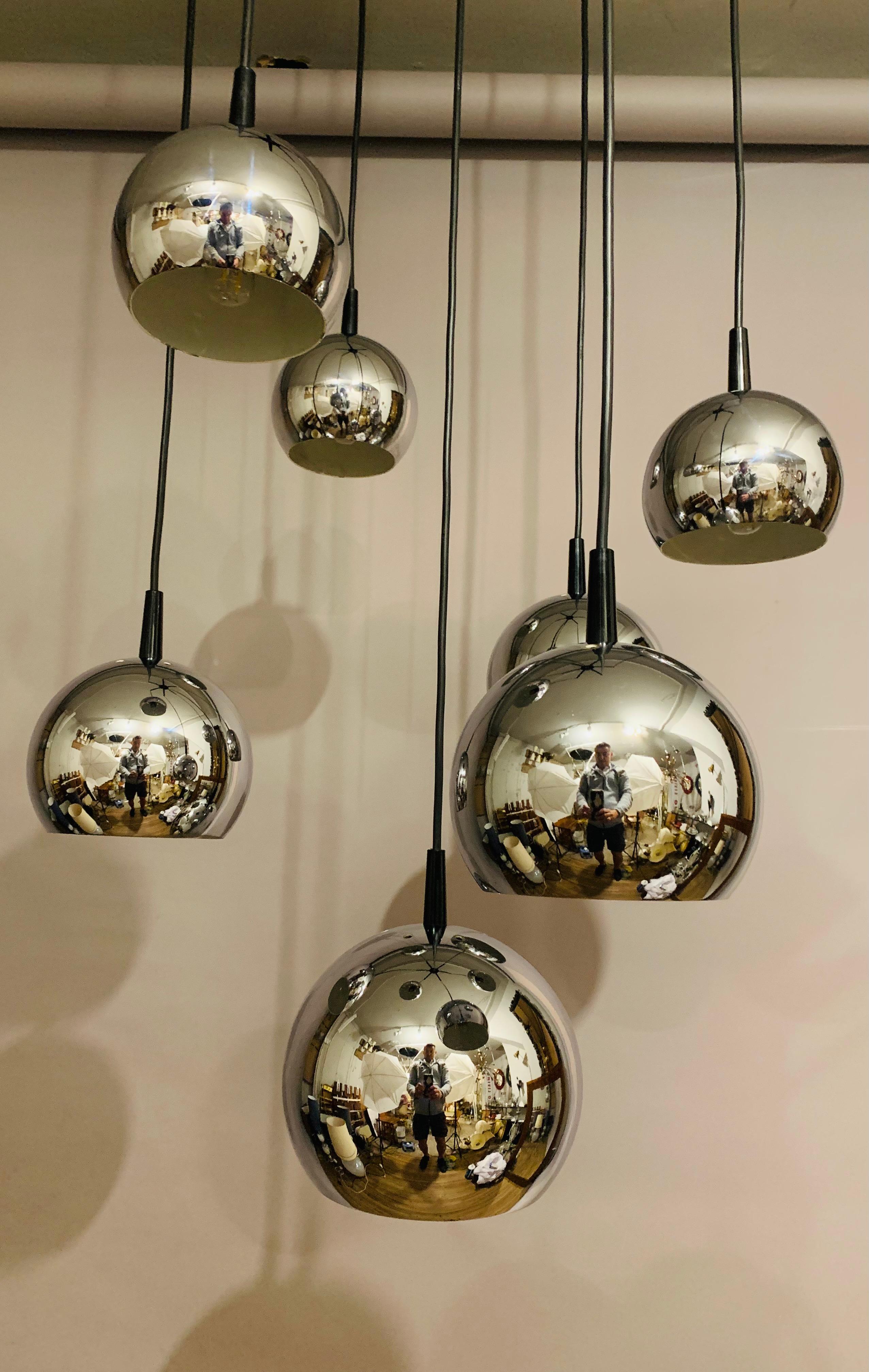 1970s Mid Century Space Age 7 Chrome Ball Cascading Globe Hanging Ceiling Light 8