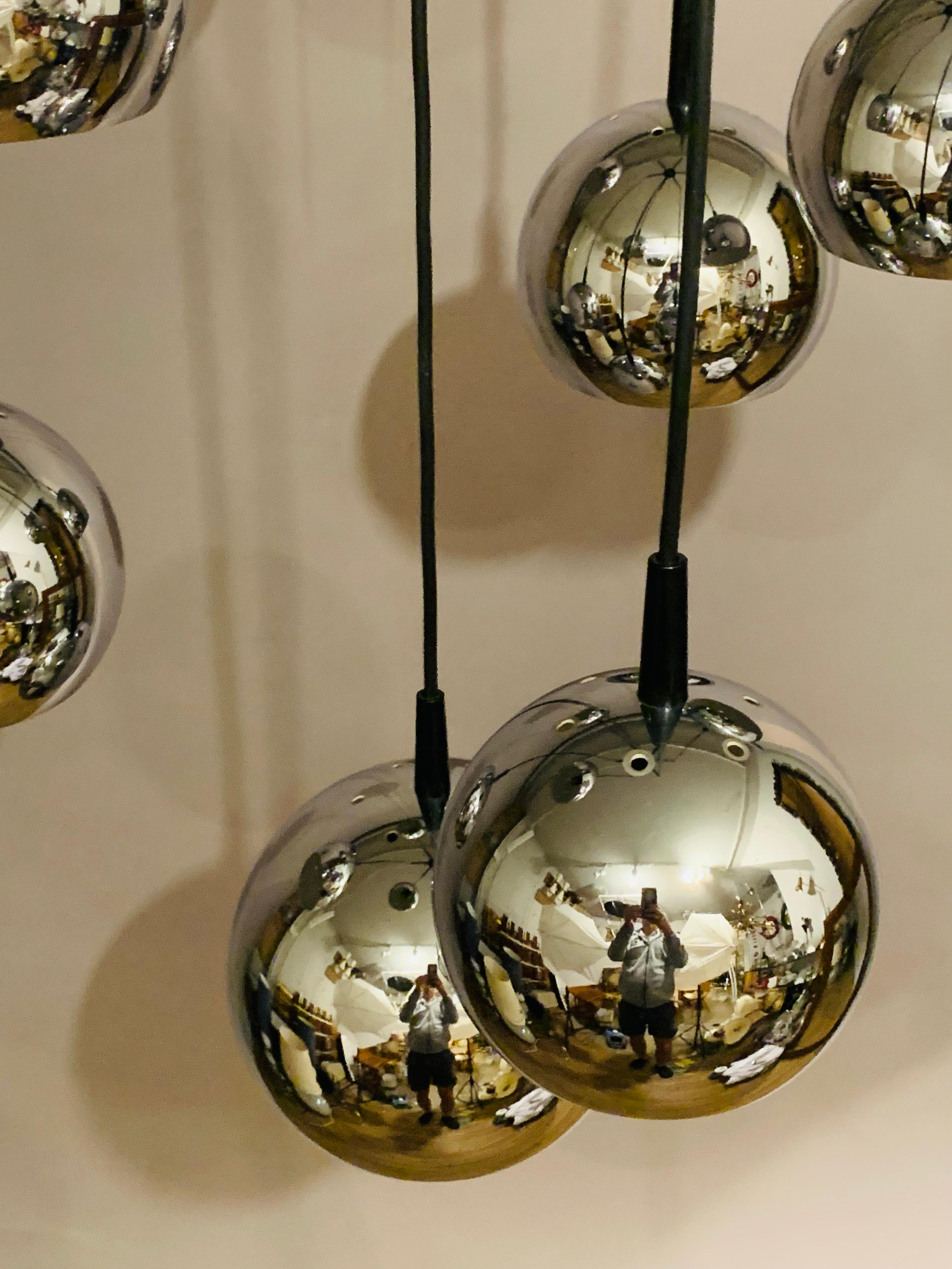 1970s Mid Century Space Age 7 Chrome Ball Cascading Globe Hanging Ceiling Light 12