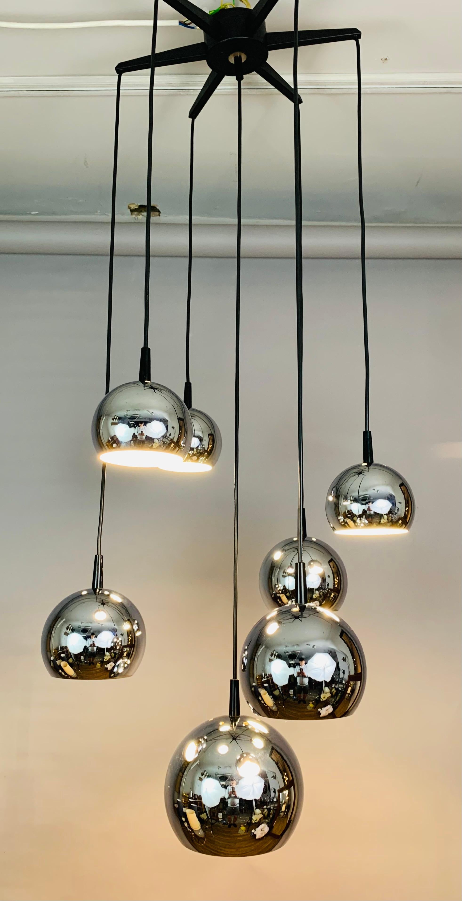 German 1970s Mid Century Space Age 7 Chrome Ball Cascading Globe Hanging Ceiling Light