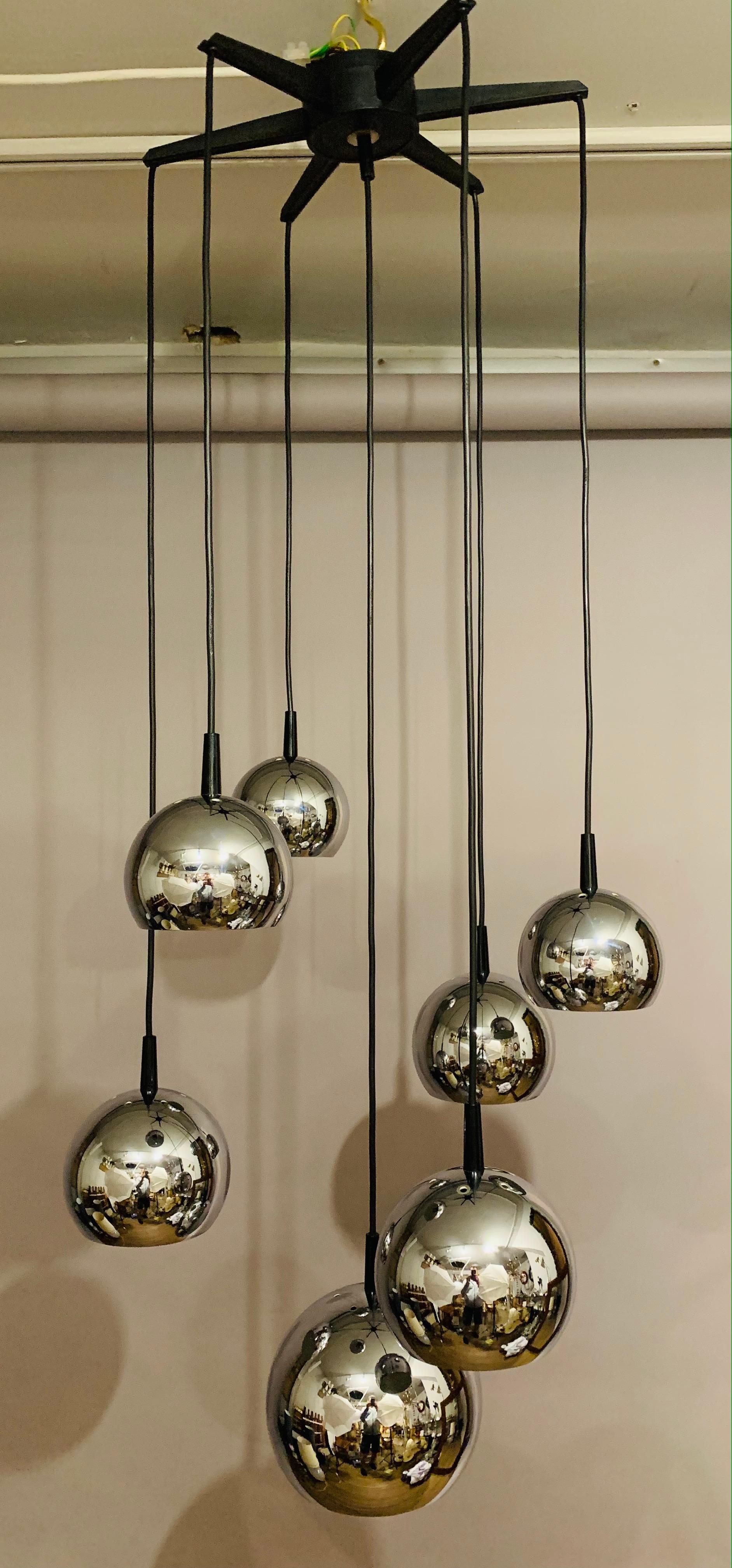 20th Century 1970s Mid Century Space Age 7 Chrome Ball Cascading Globe Hanging Ceiling Light