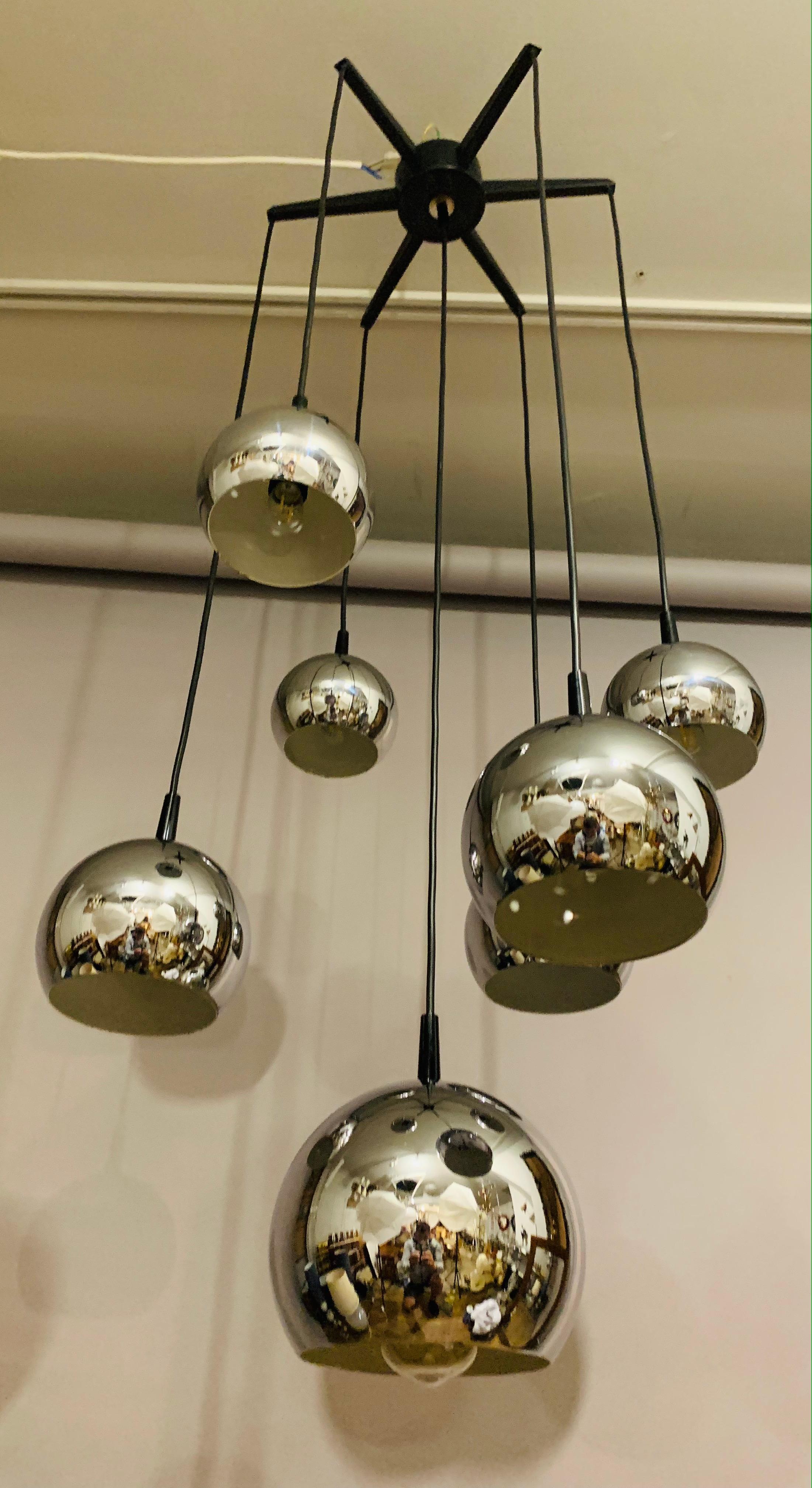 Metal 1970s Mid Century Space Age 7 Chrome Ball Cascading Globe Hanging Ceiling Light