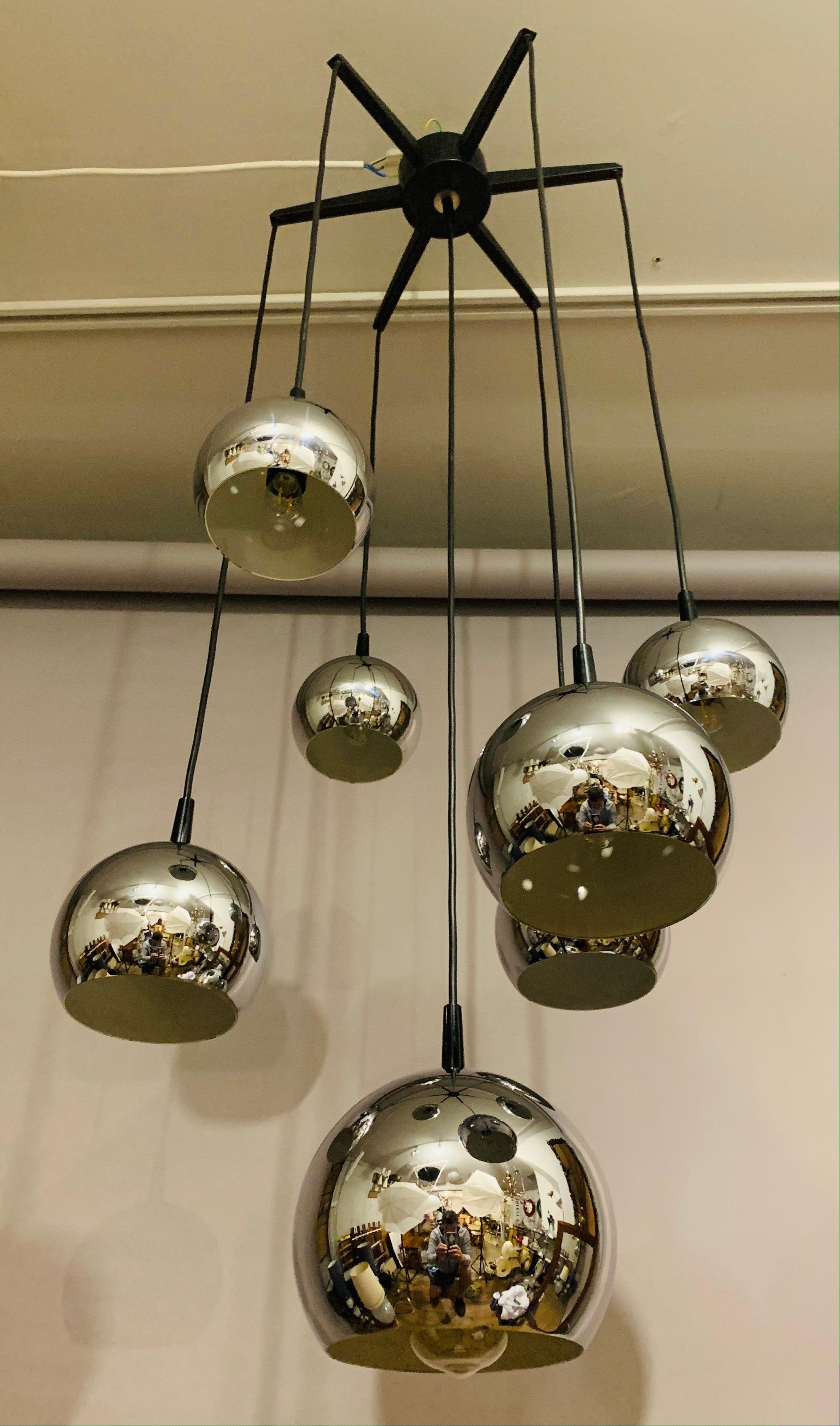 1970s Mid Century Space Age 7 Chrome Ball Cascading Globe Hanging Ceiling Light 1