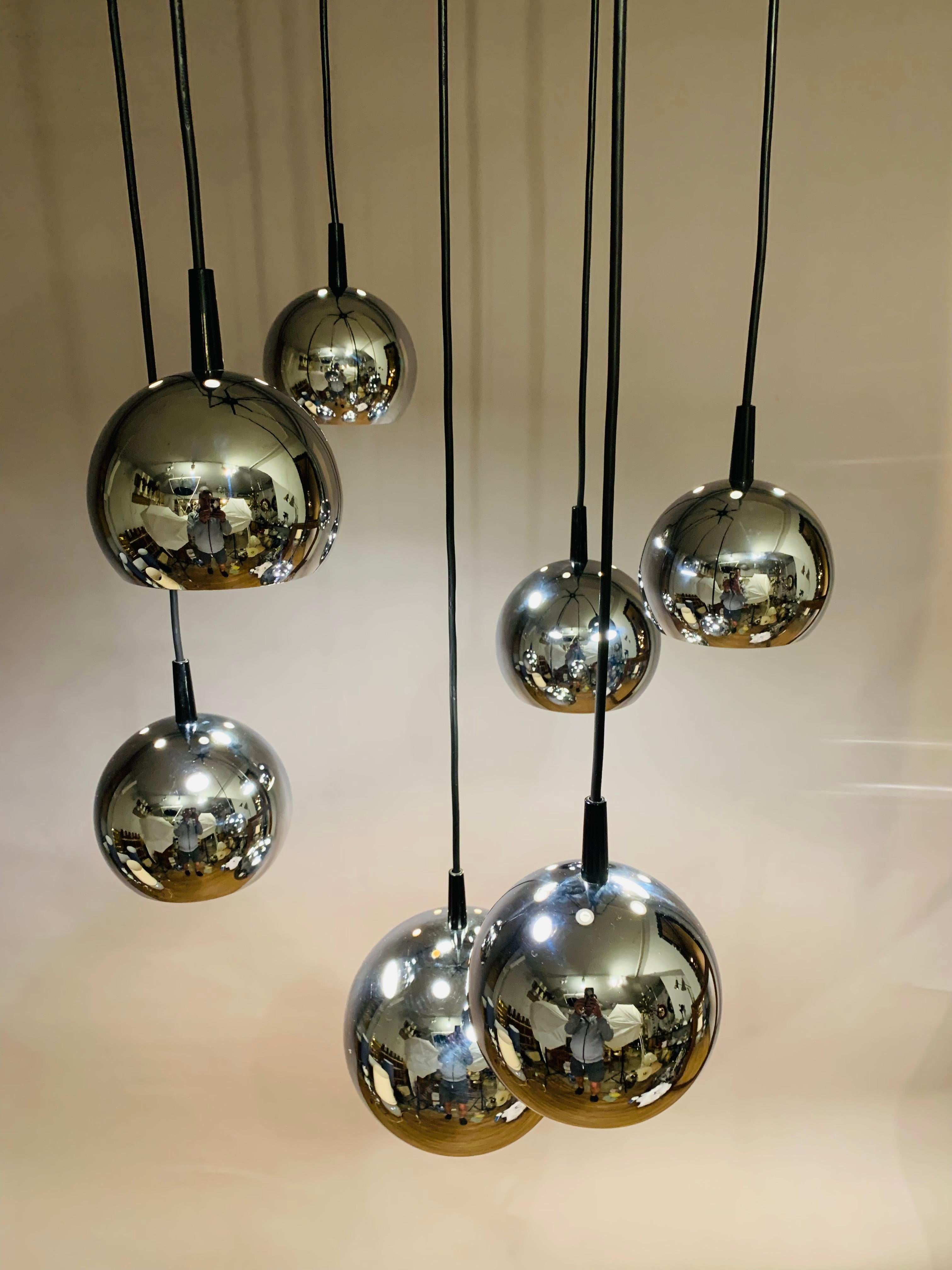 1970s Mid Century Space Age 7 Chrome Ball Cascading Globe Hanging Ceiling Light 2