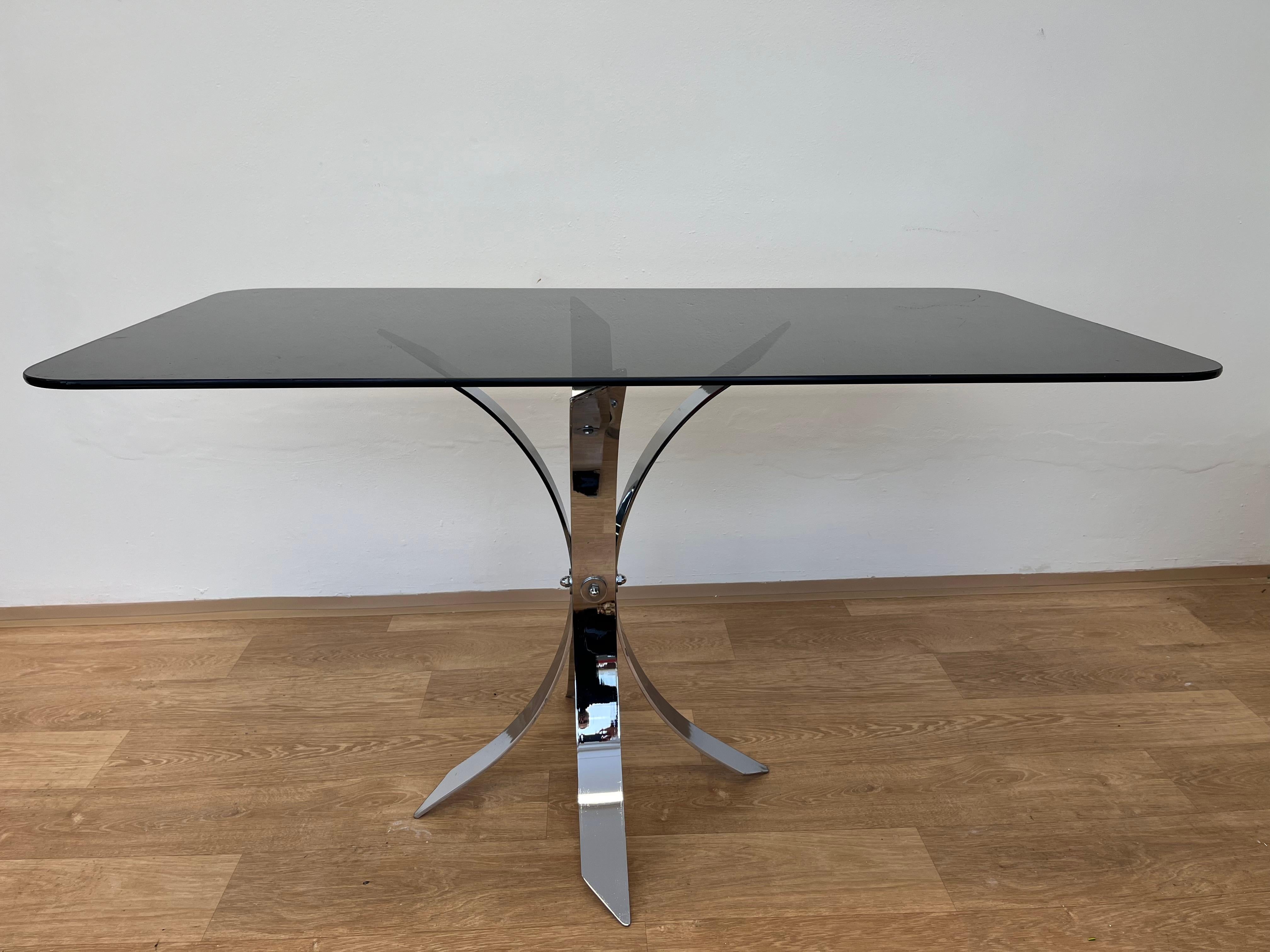 Mid-Century Modern 1970s Mid century Steel Chrome and smoked glass dining table For Sale