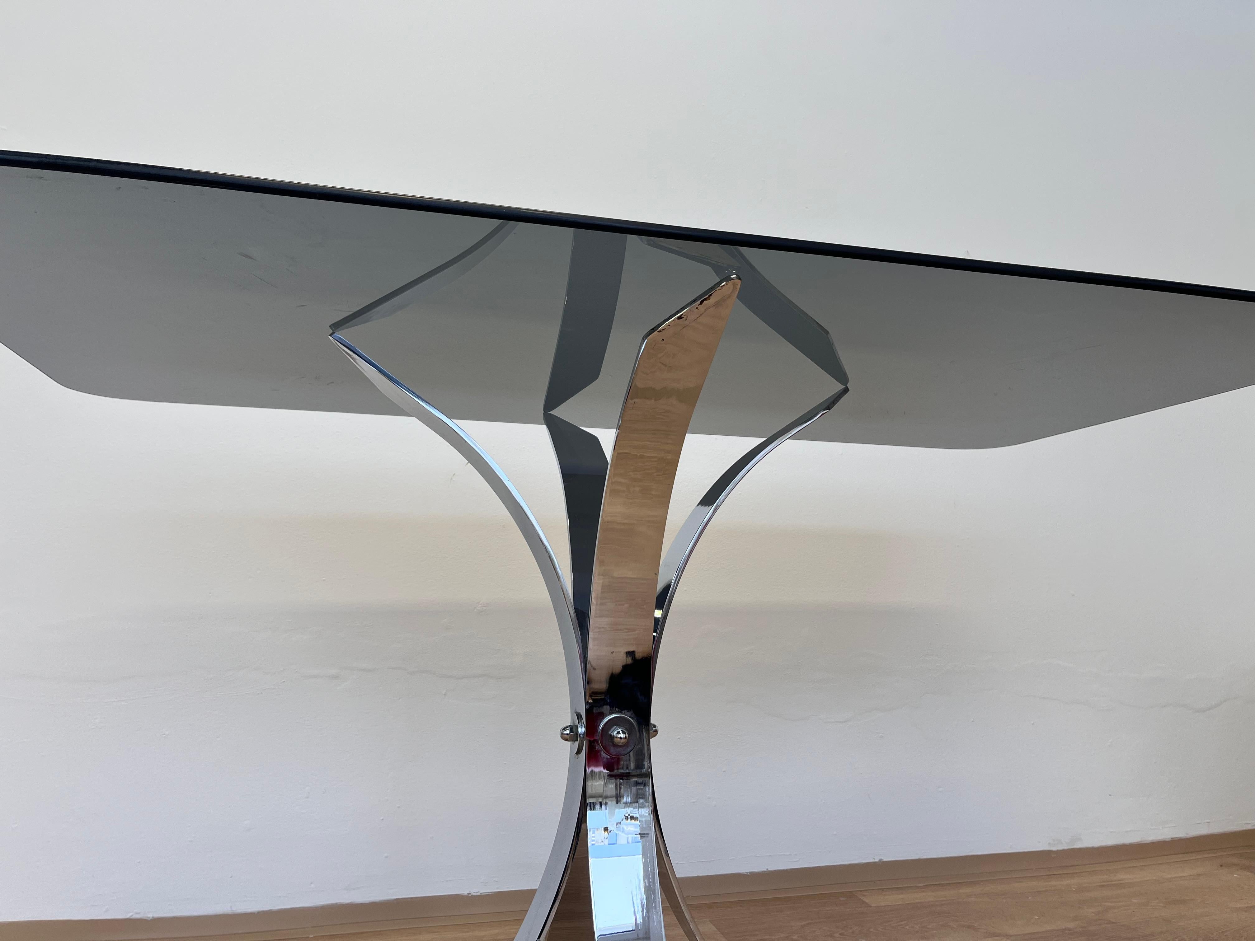 German 1970s Mid century Steel Chrome and smoked glass dining table For Sale