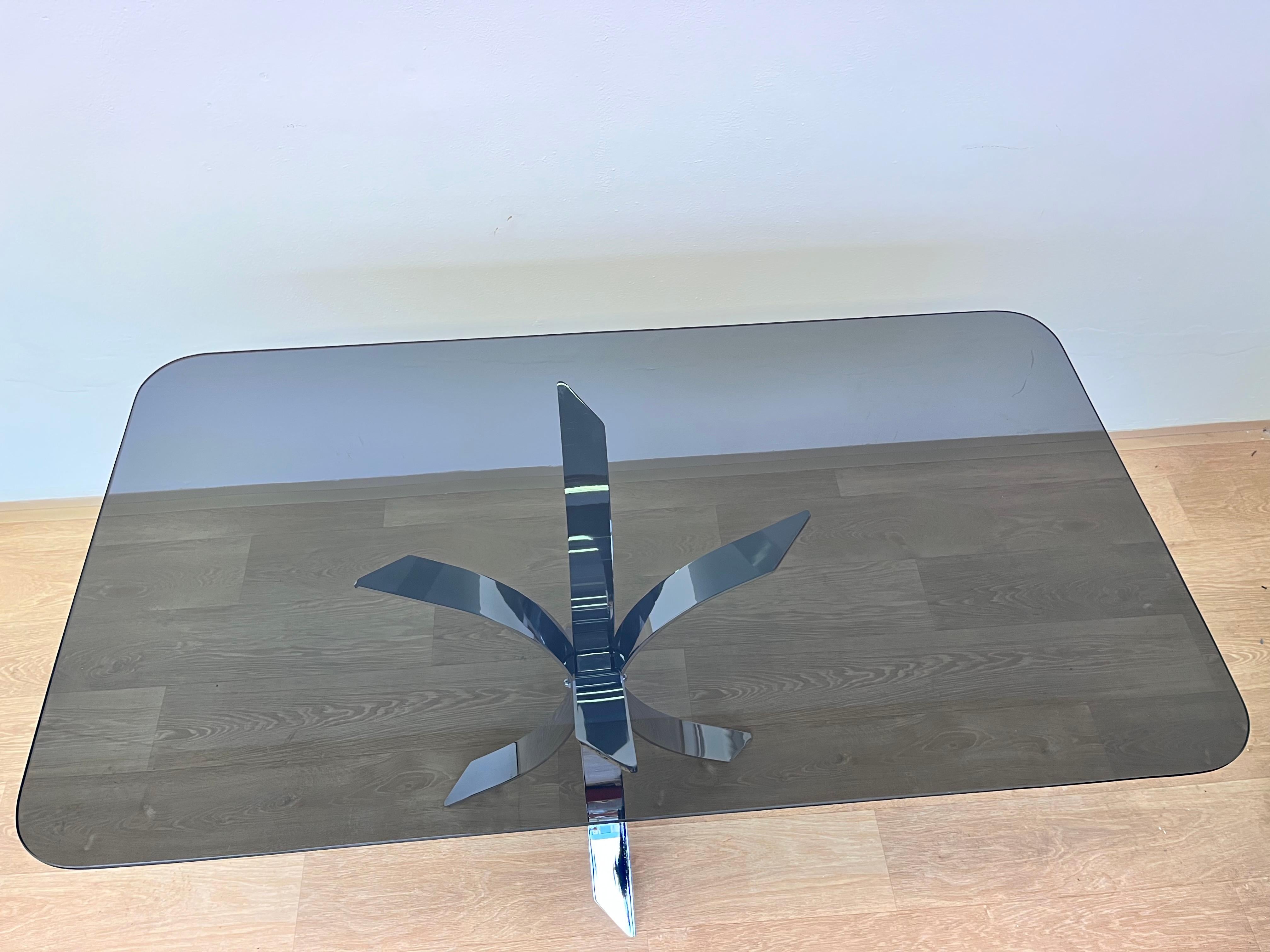 Glass 1970s Mid century Steel Chrome and smoked glass dining table For Sale