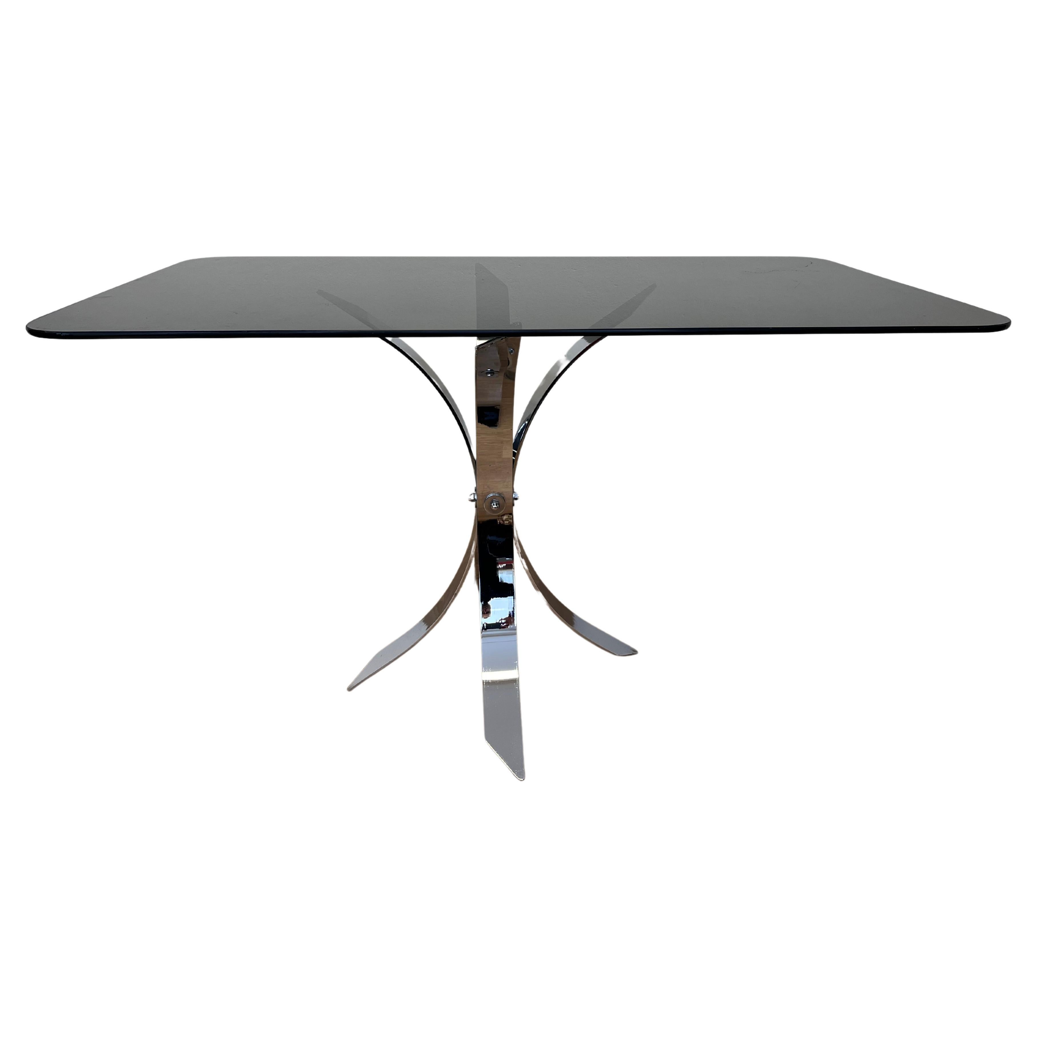 1970s Mid century Steel Chrome and smoked glass dining table For Sale