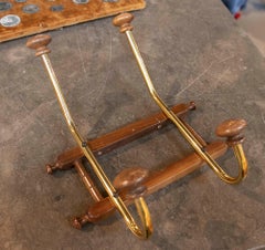 1970s Mid-century Style Brass and Wood Wall-mounted Coat Rack with Double Hook