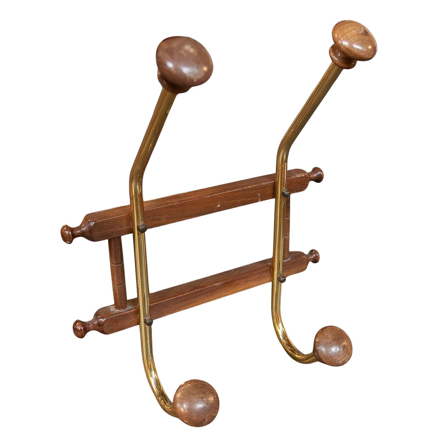 1970s Mid-century Style Brass and Wood Wall-mounted Coat Rack with Double Hook