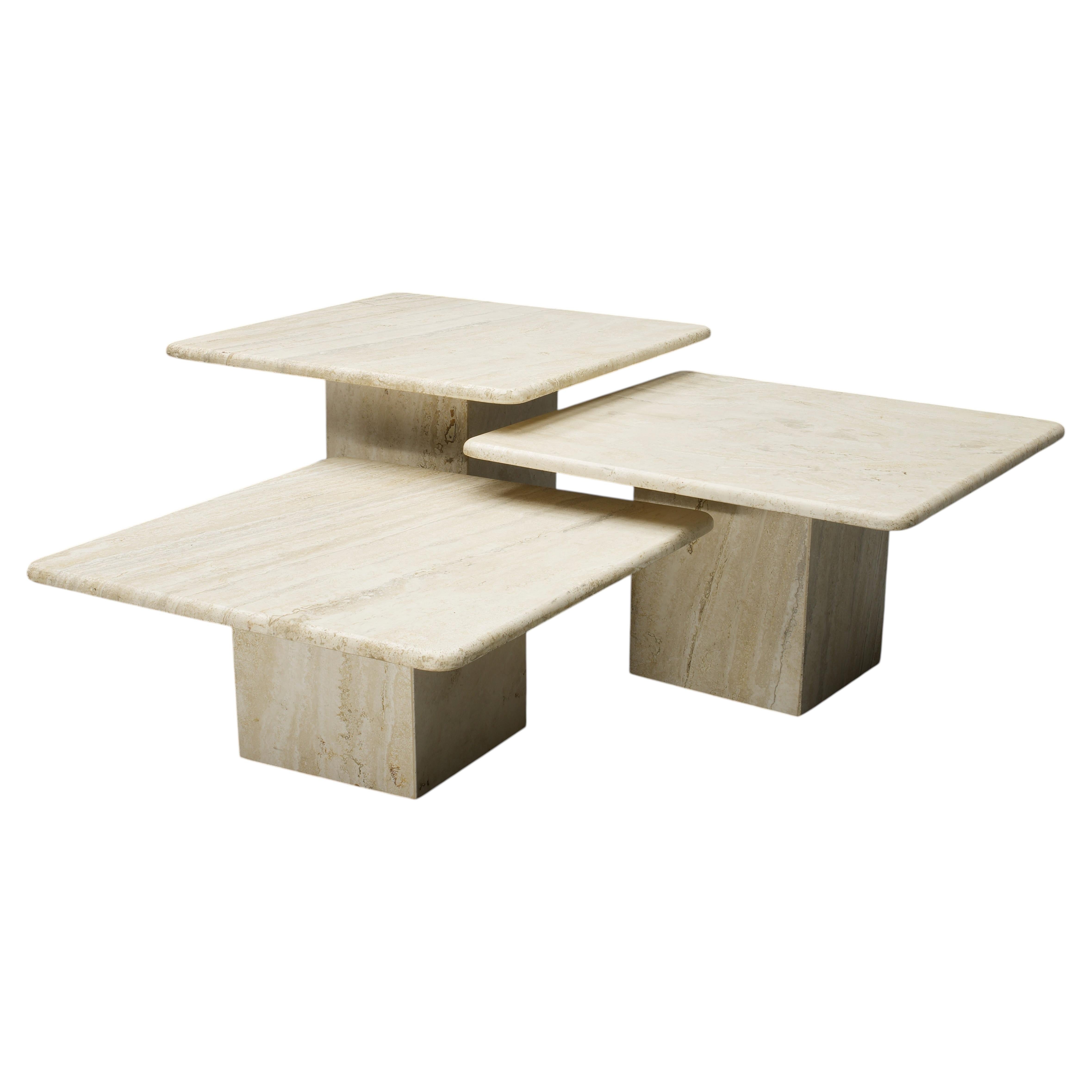 1970s Mid-Century Travertine Marble Cocktail Table Set 3, Variable Levels