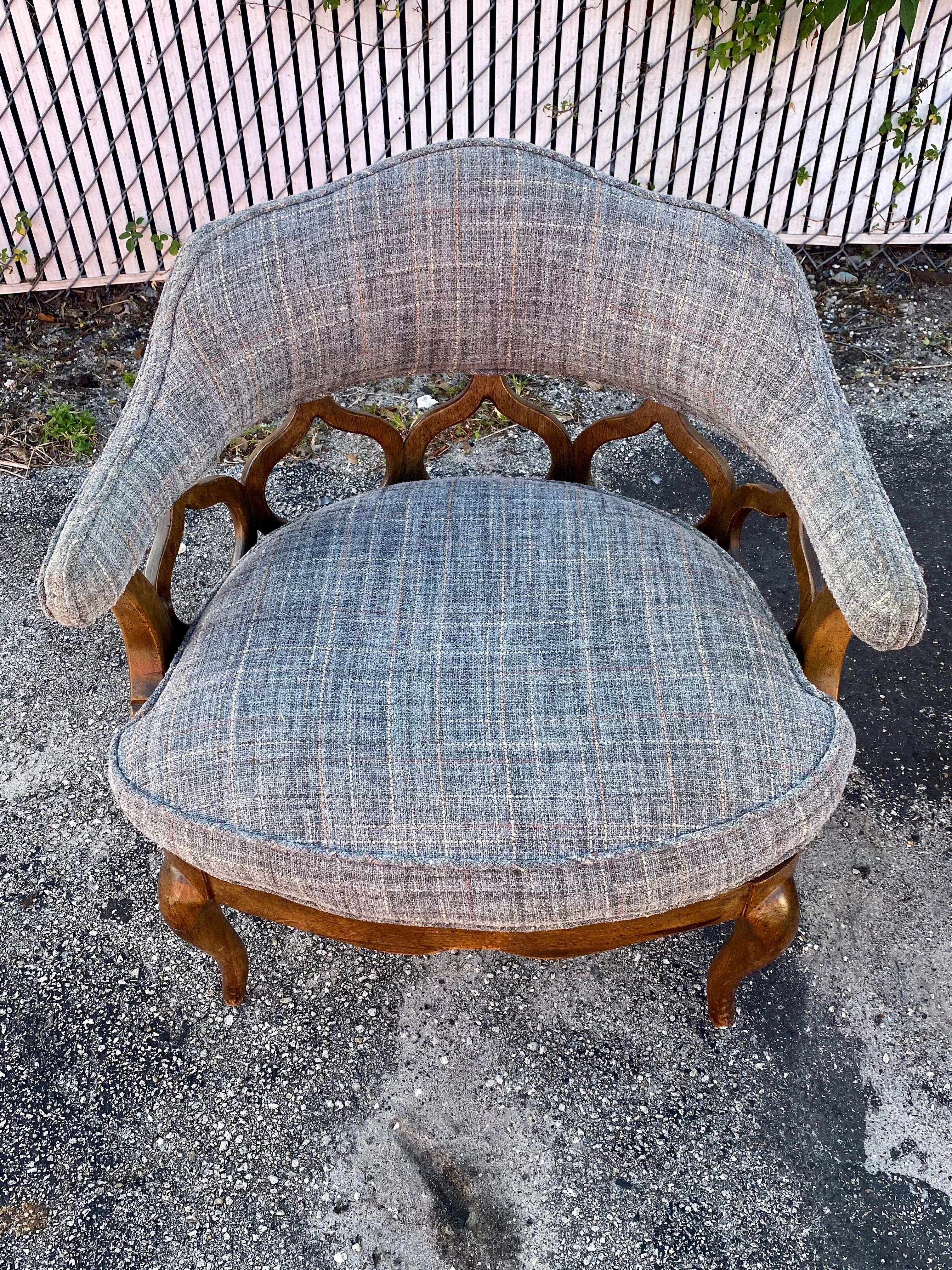 1970s  Mid Century Sculptural Curved Barrel Tweed Wood Chairs, Set of 2 For Sale 4