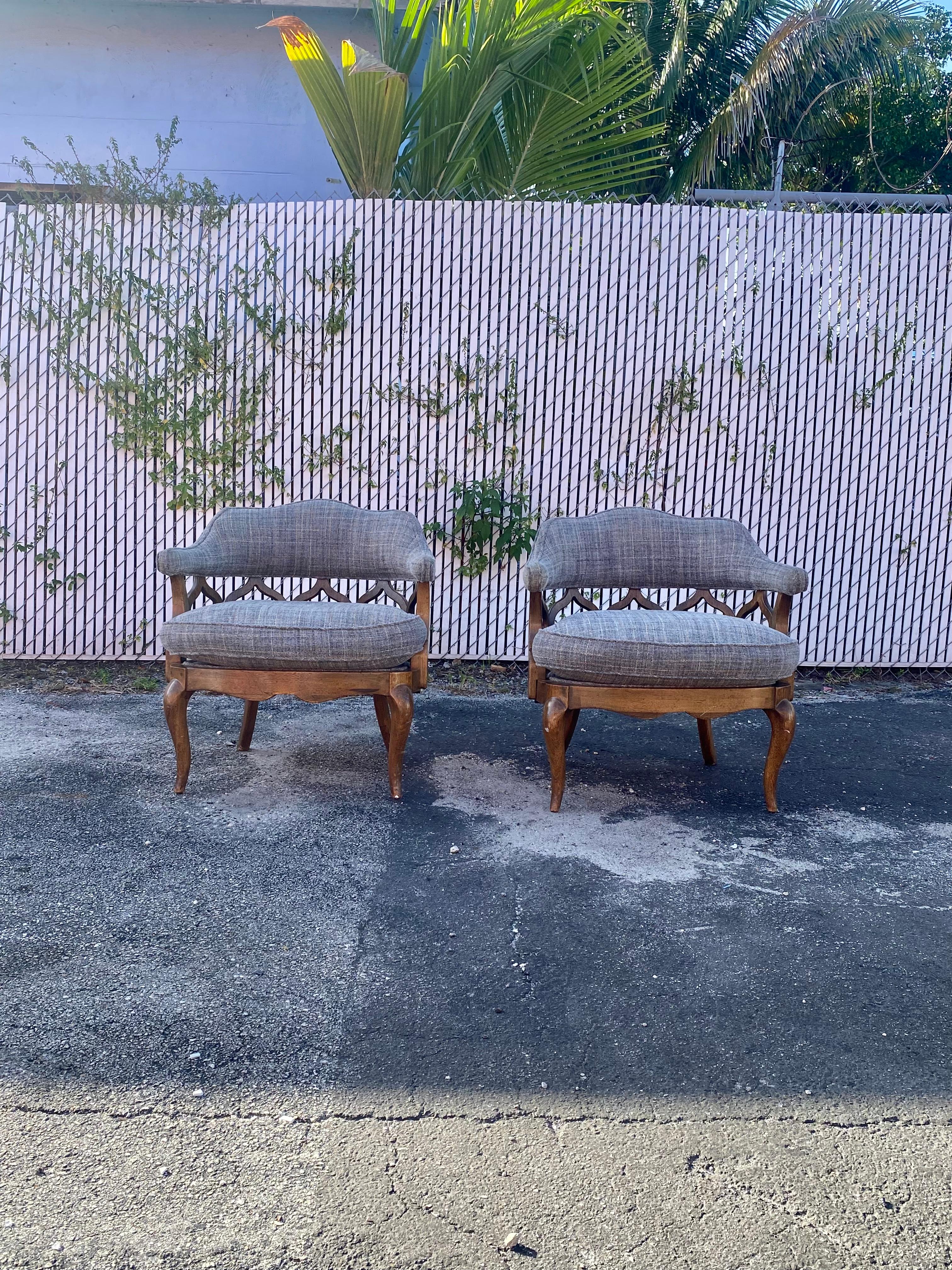1970s  Mid Century Sculptural Curved Barrel Tweed Wood Chairs, Set of 2 For Sale 6