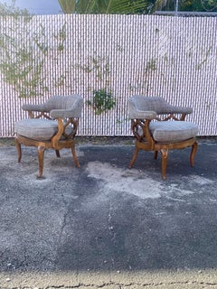 1970s  Mid Century Sculptural Curved Barrel Tweed Wood Chairs, Set of 2