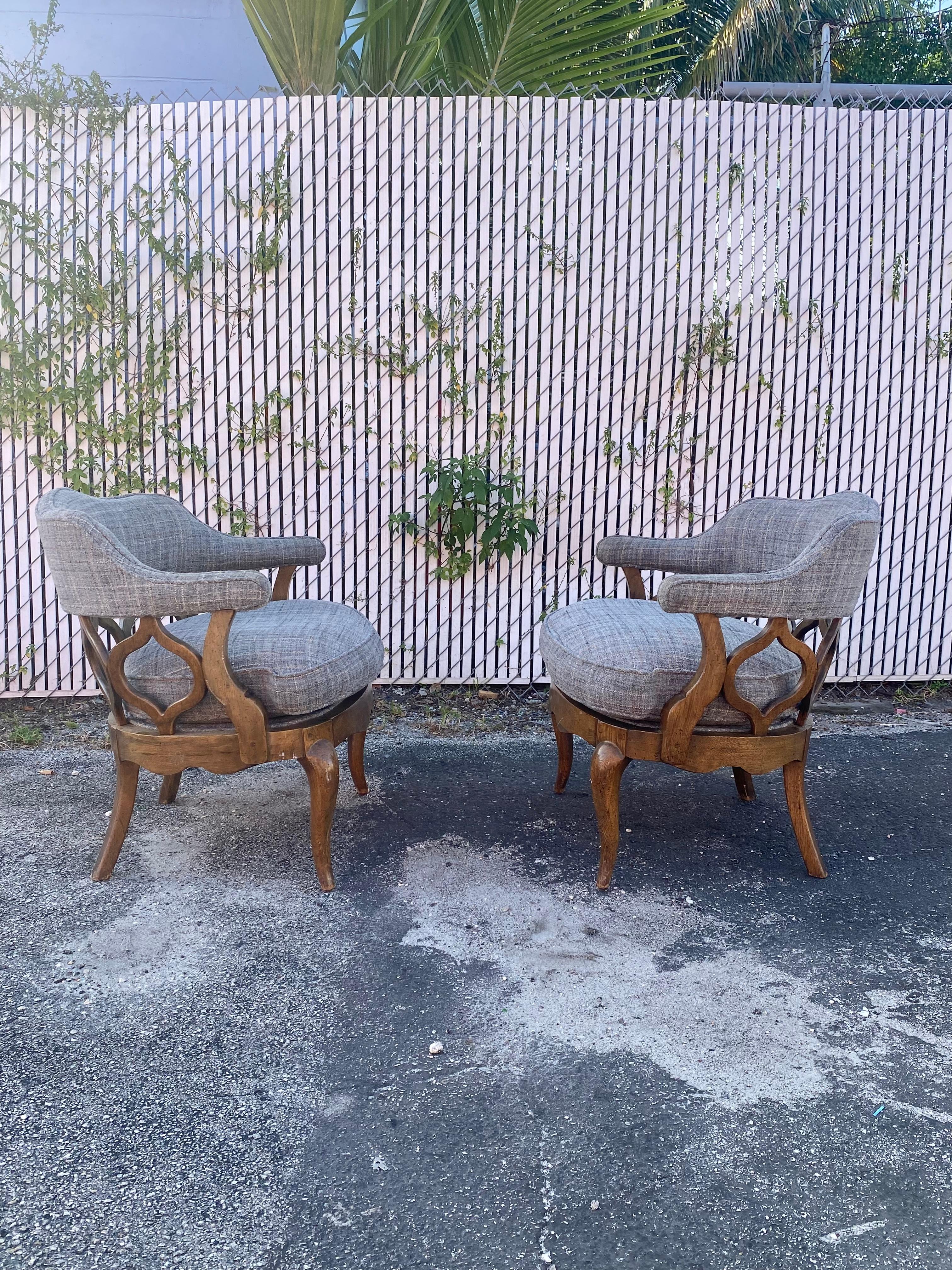 Mid-Century Modern 1970s  Mid Century Sculptural Curved Barrel Tweed Wood Chairs, Set of 2 For Sale