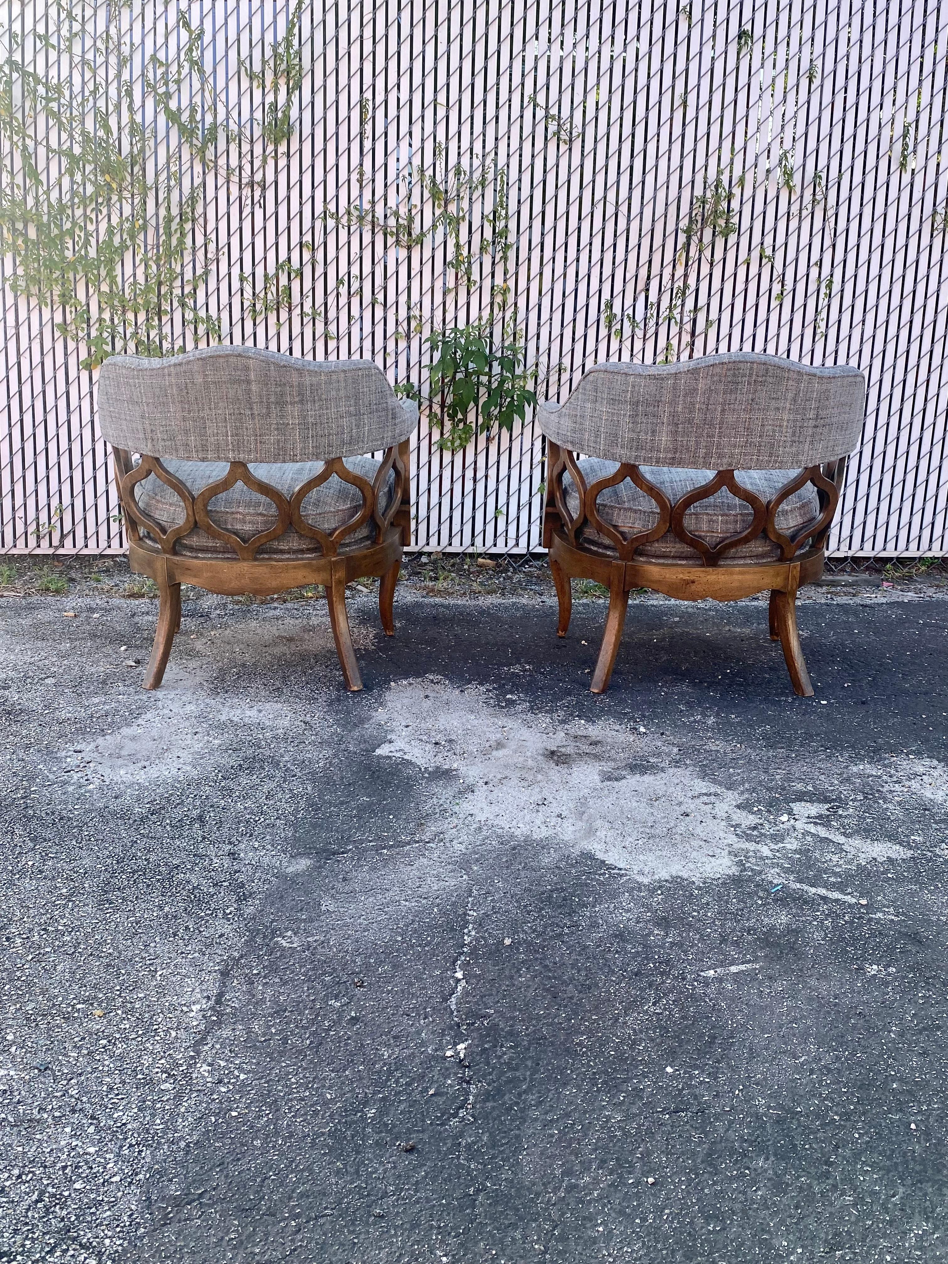 1970s  Mid Century Sculptural Curved Barrel Tweed Wood Chairs, Set of 2 For Sale 1