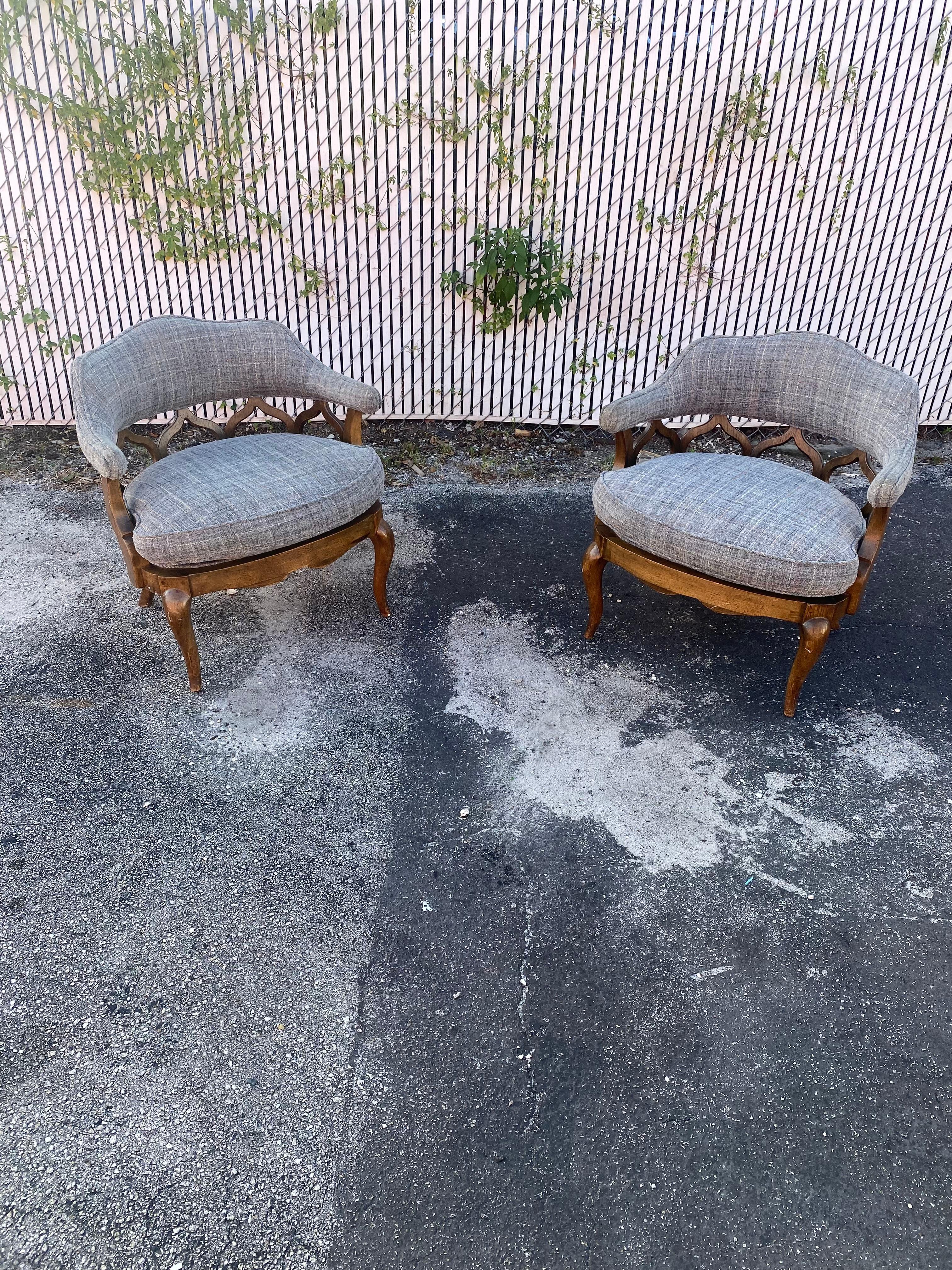 1970s  Mid Century Sculptural Curved Barrel Tweed Wood Chairs, Set of 2 For Sale 2