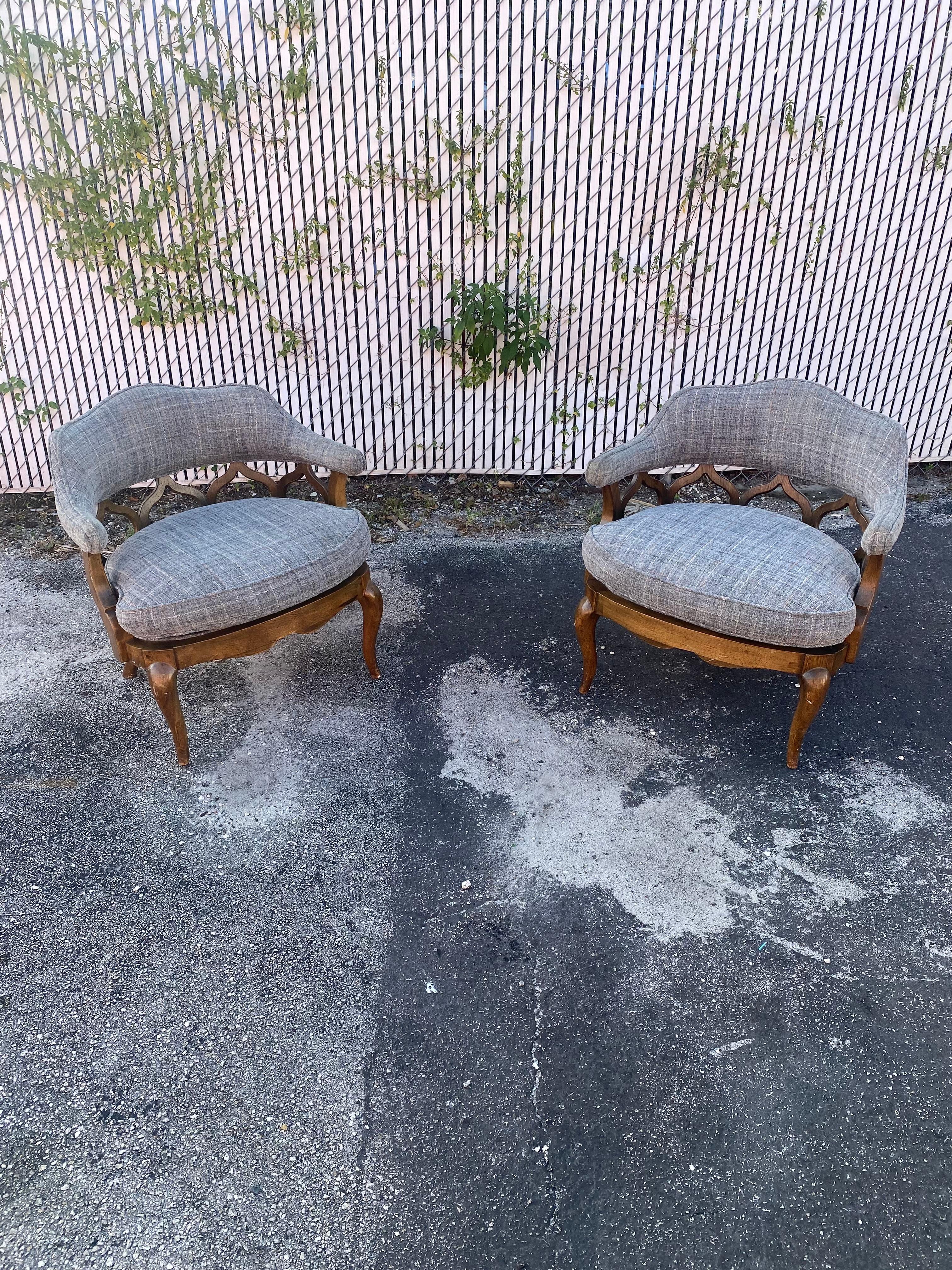 1970s  Mid Century Sculptural Curved Barrel Tweed Wood Chairs, Set of 2 For Sale 3