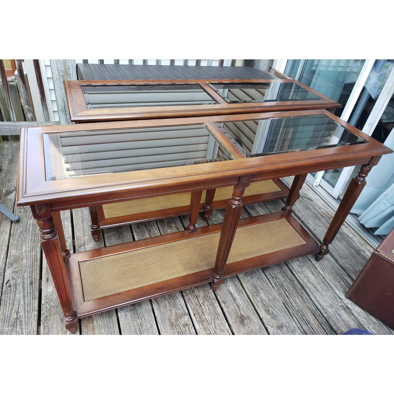 1970s Mid Century Two Tier Walnut Glass Faux Cane Console Sofa Table In Good Condition For Sale In Germantown, MD