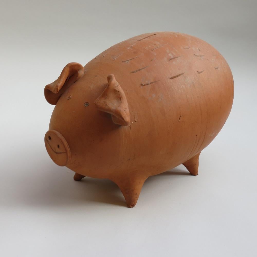 Rustic 1970s Mid Century Very Large Terracotta Handmade Money Box Pig For Sale