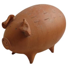 1970s Mid Century Very Large Terracotta Handmade Money Box Pig