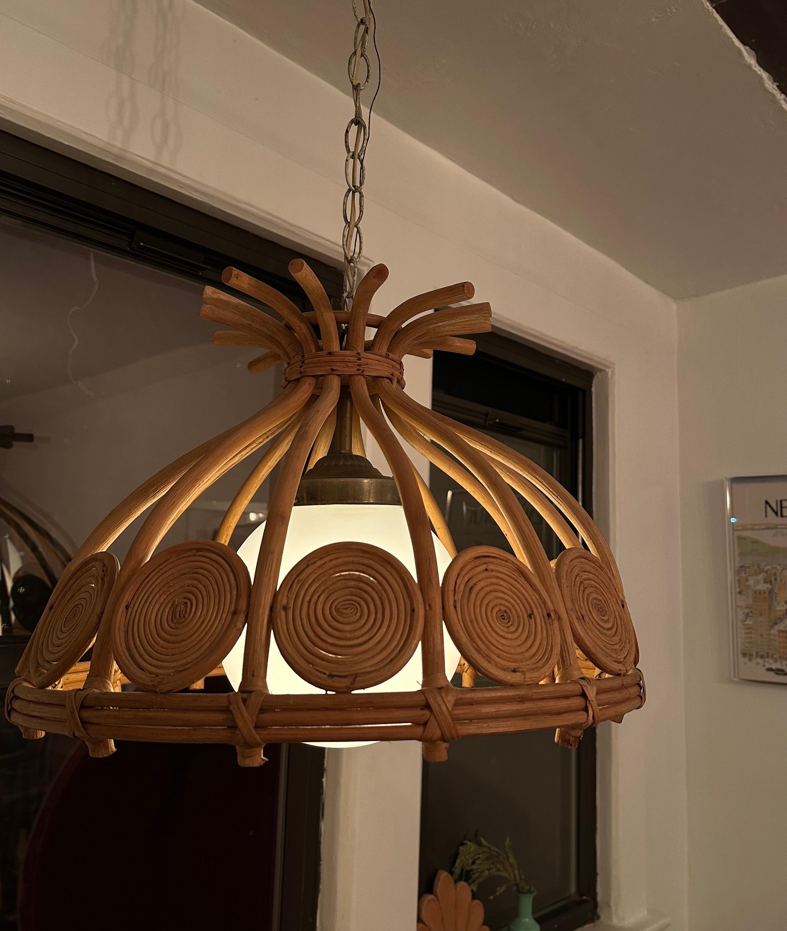Bohemian 1970s Mid Century Wicker Hanging Lamp Pendant For Sale