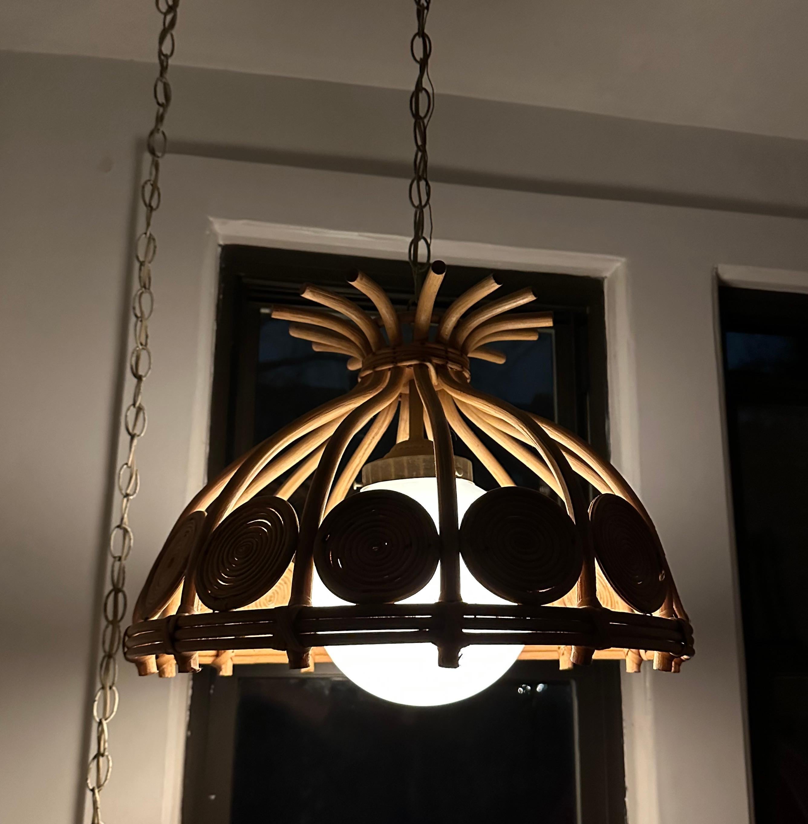 Late 20th Century 1970s Mid Century Wicker Hanging Lamp Pendant For Sale