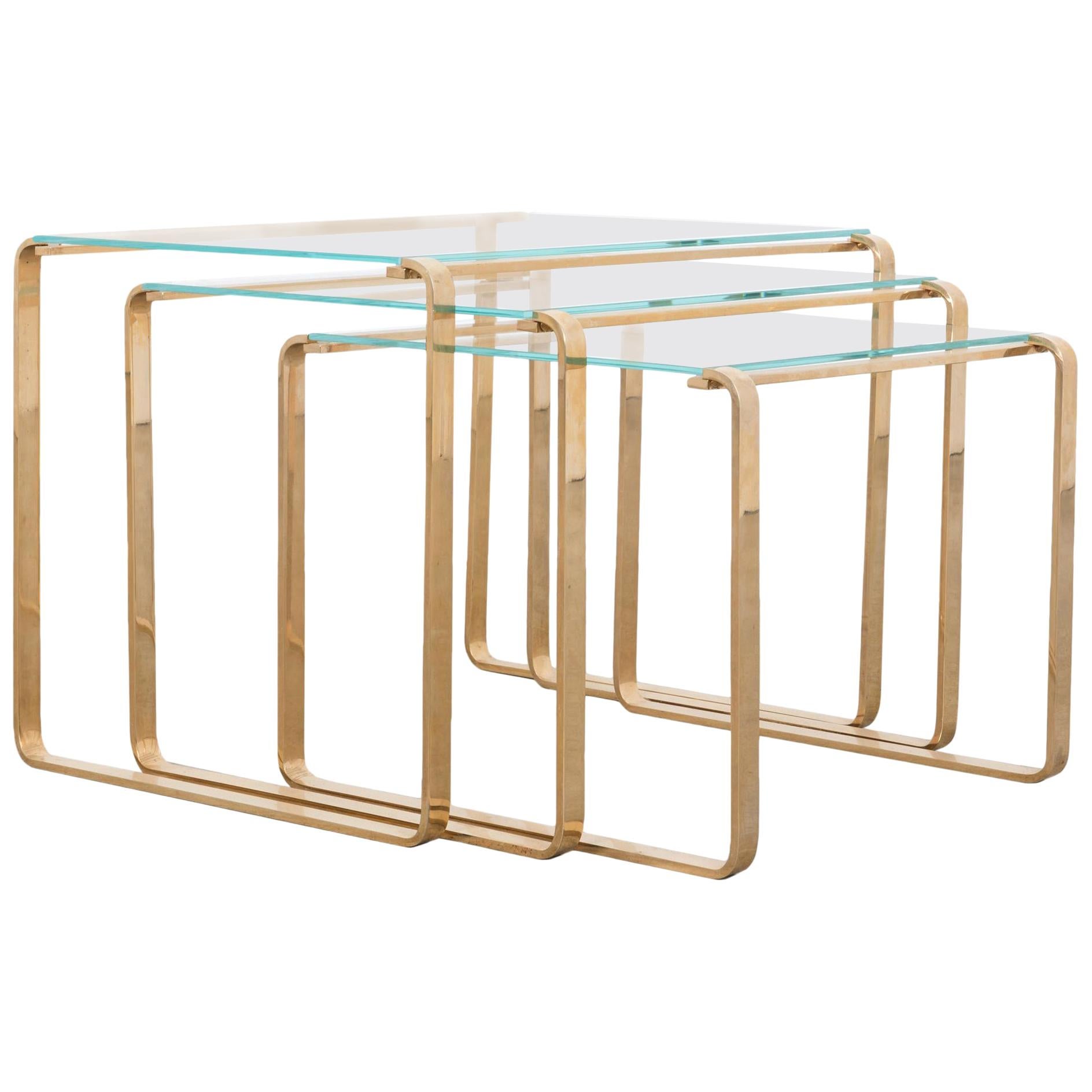 1970s Midcentury Brass and Glass Nesting Coffee Tables, Set of 3