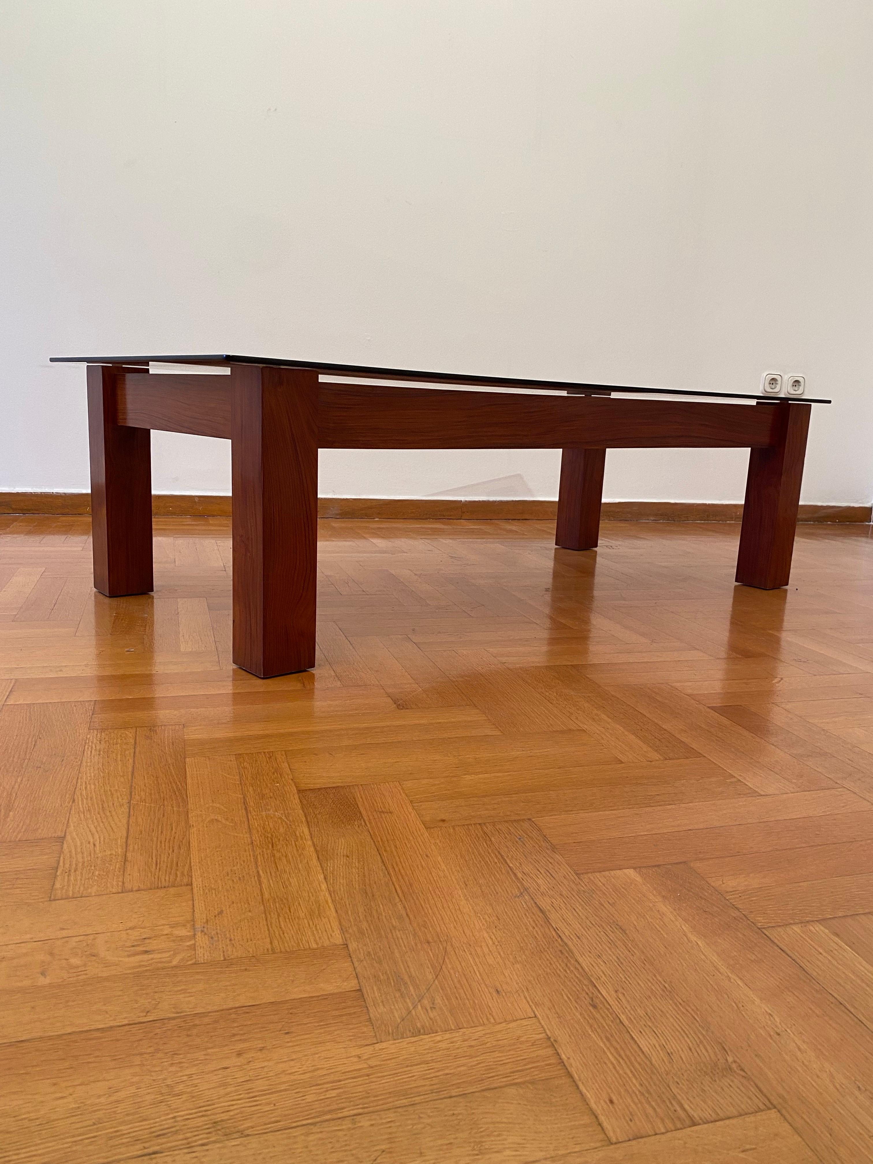 1970s MidCentury Brutalist Smoked Glass Rectangular Coffee Table For Sale 1