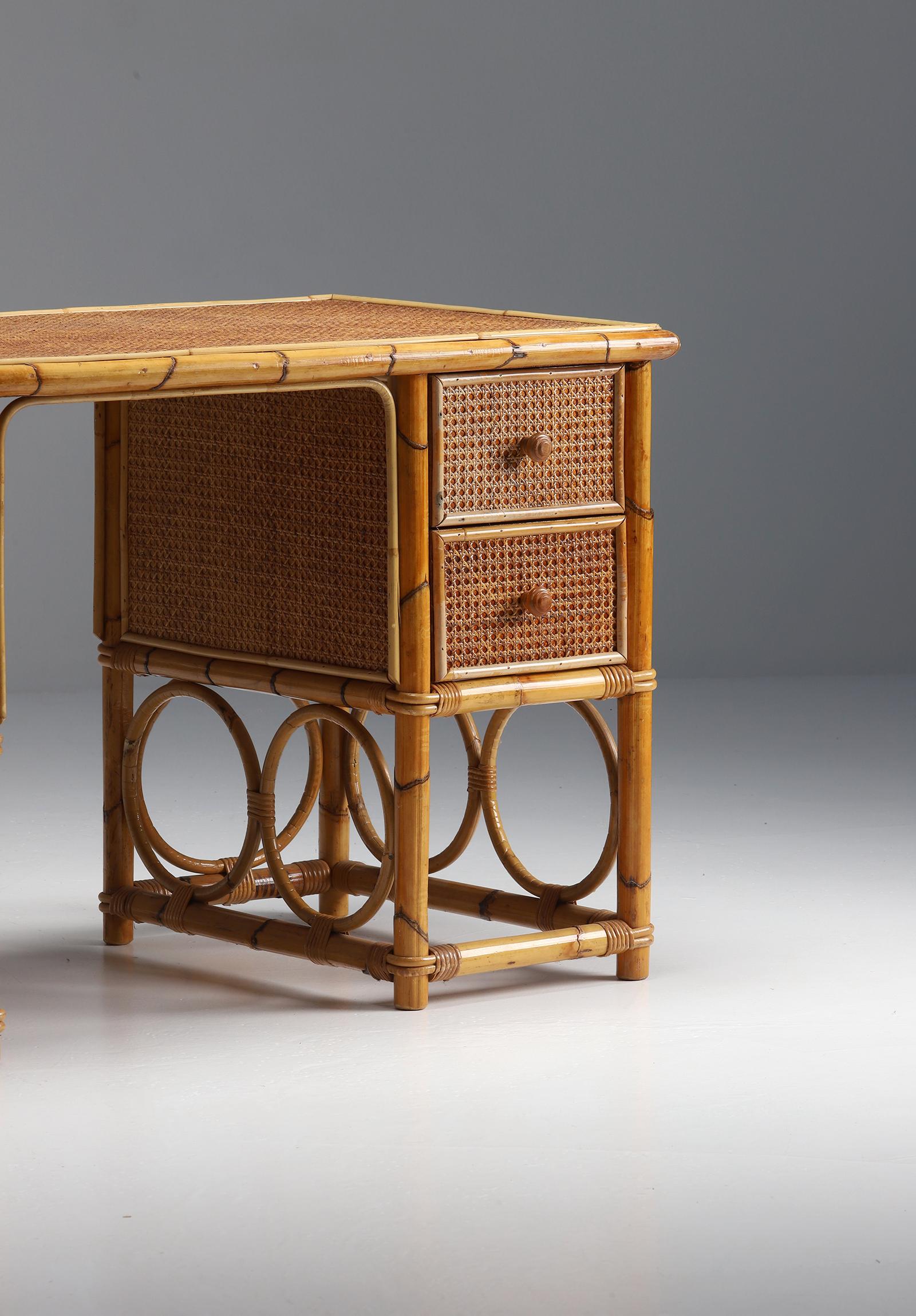 Bohemian 1970s Mid-Century Modern Bamboo and Rattan Desk in French Riviera Style