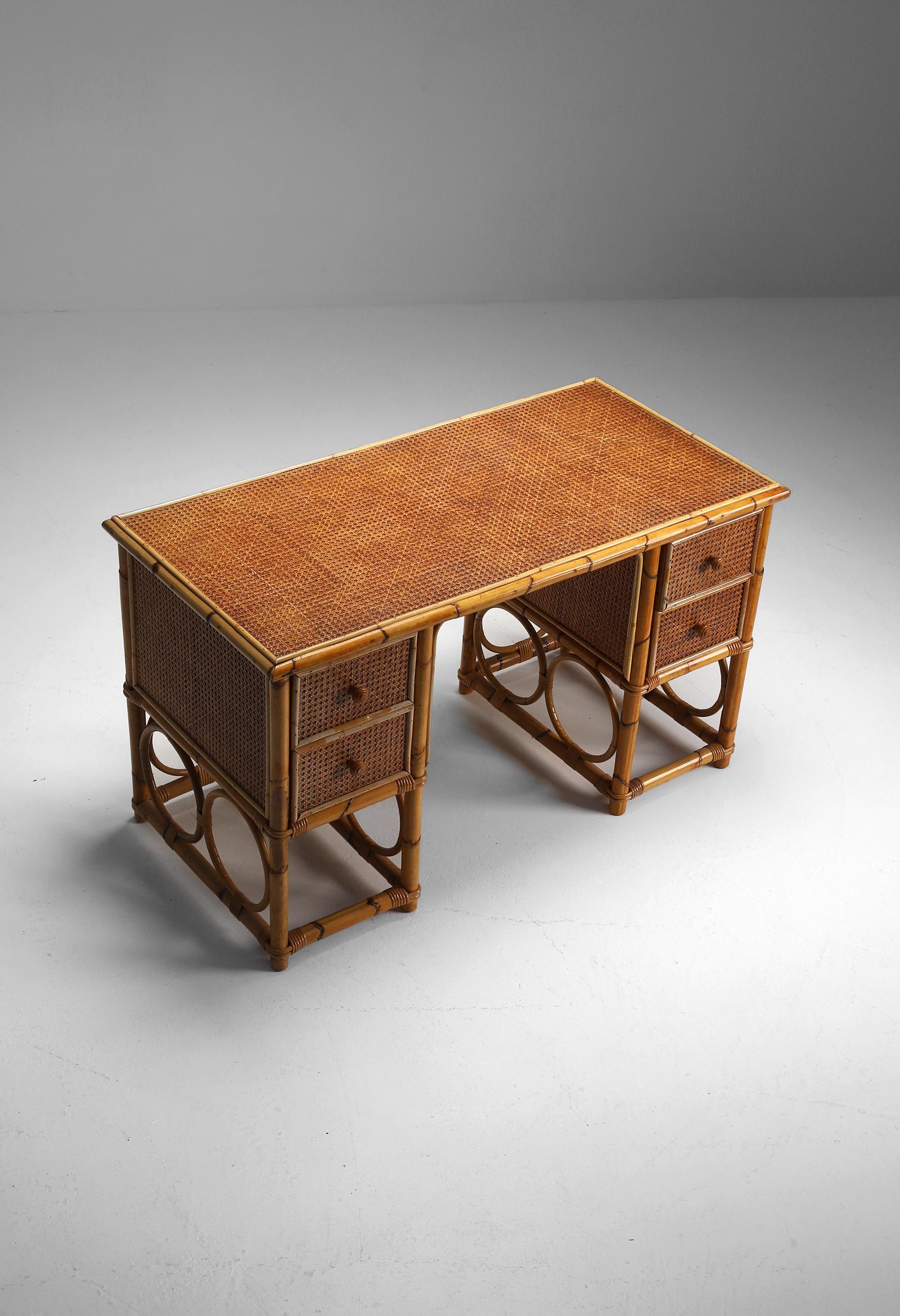 European 1970s Mid-Century Modern Bamboo and Rattan Desk in French Riviera Style