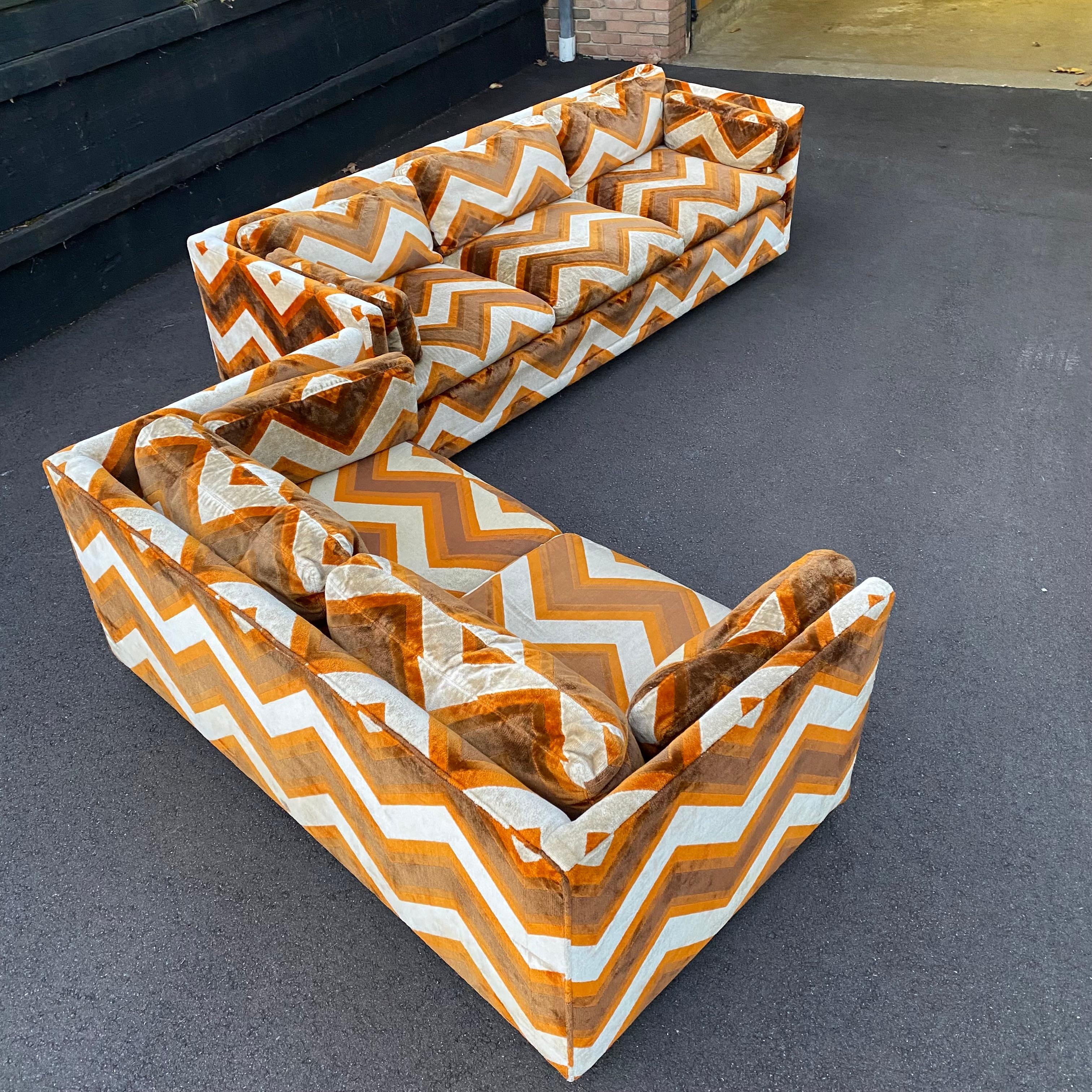 Upholstery 1970s Mid-Century Modern Bernhardt Flair Orange Velour Pair of Sofas or Couches