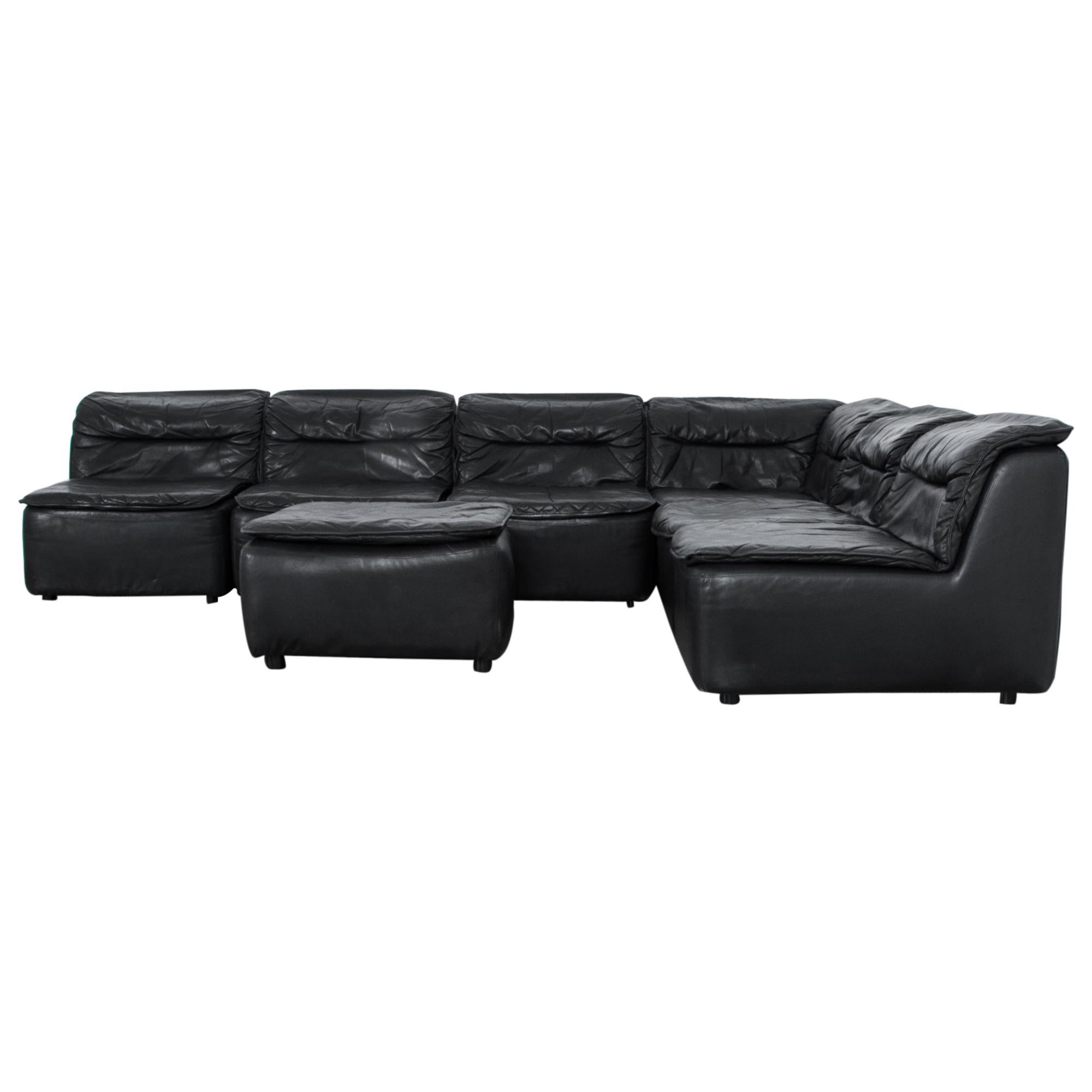 1970s Midcentury Modern Modular Black Leather Sofa by COR, Set of Eight