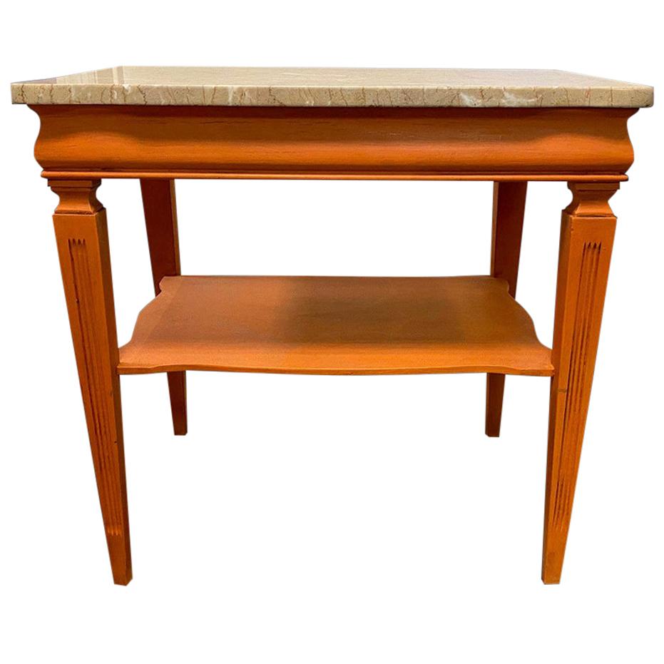 1970s Midcentury Orange Painted End Table with Marble Top For Sale