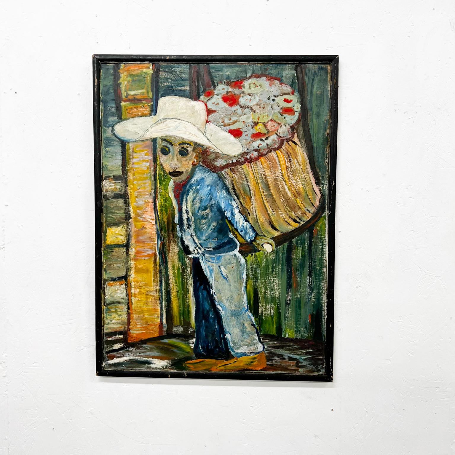 1970s Latin America art flower vendor.
Oil on wood Painting.
Unsigned.
23.25 x 31.25 x .88 D.
Preowned unrestored vintage condition.
See images provided.